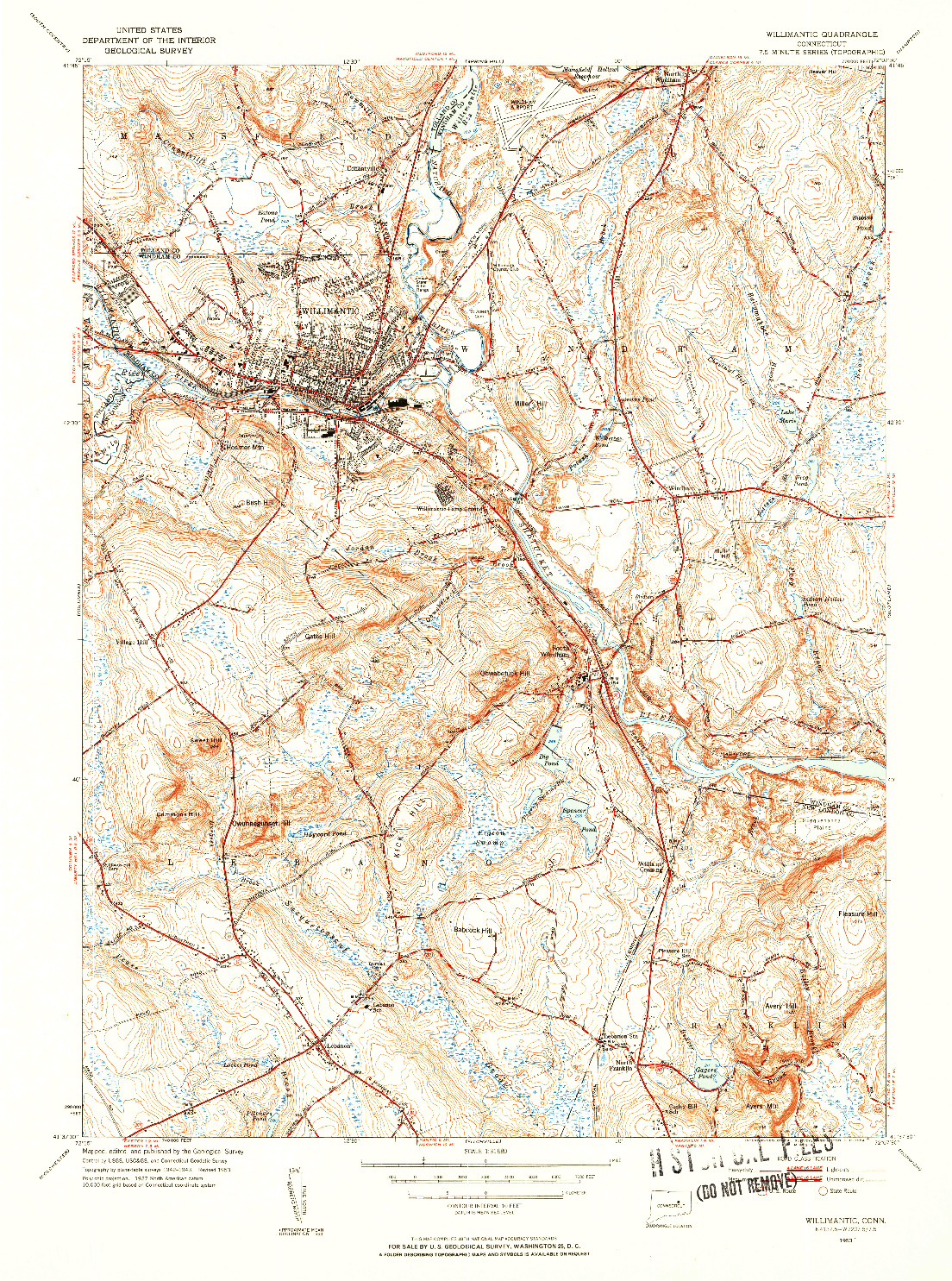 USGS 1:31680-SCALE QUADRANGLE FOR WILLIMANTIC, CT 1953
