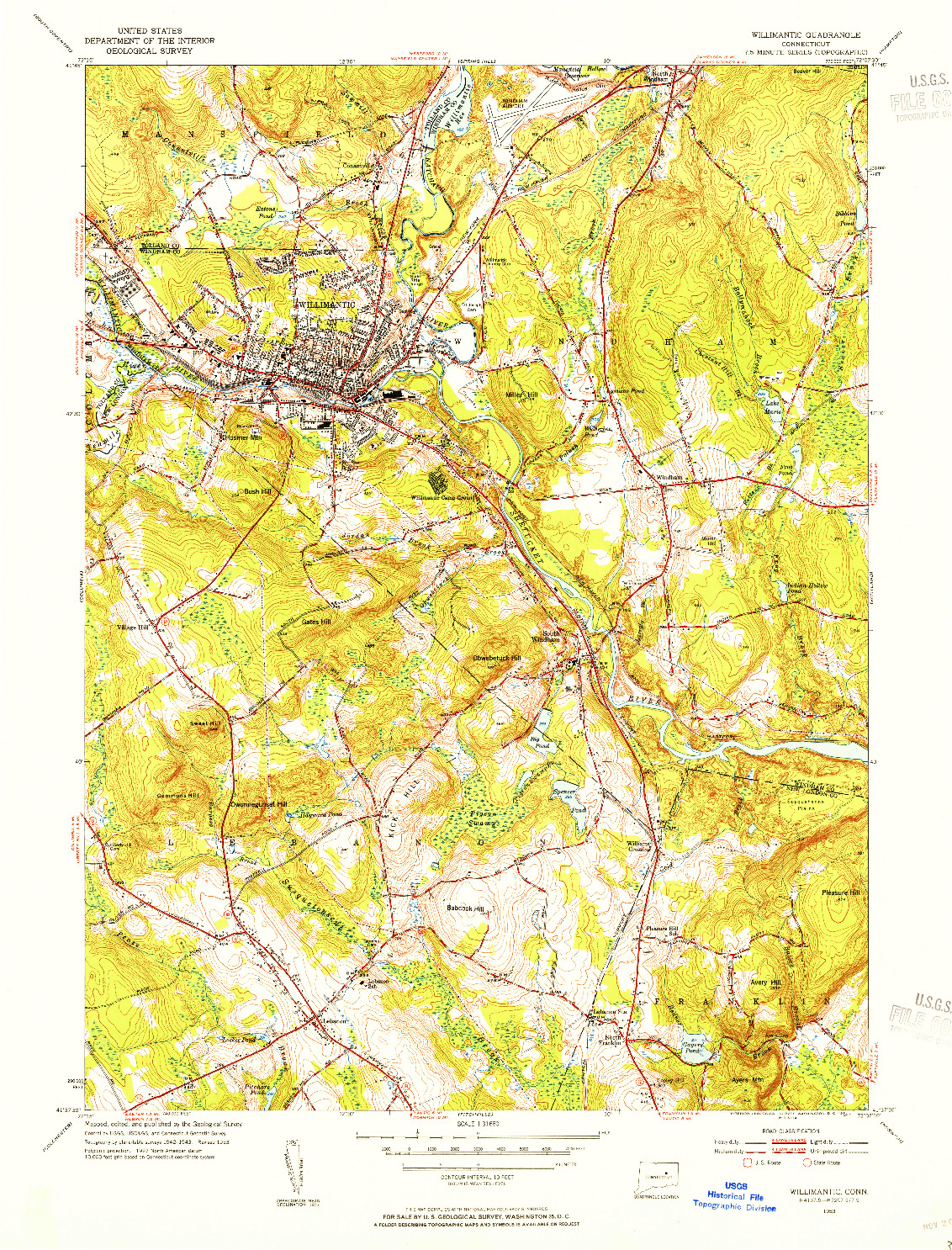 USGS 1:31680-SCALE QUADRANGLE FOR WILLIMANTIC, CT 1953