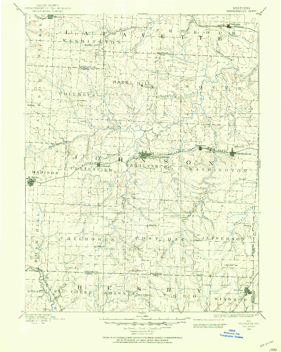 USGS 1:125000-SCALE QUADRANGLE FOR WARRENSBURG, MO 1885