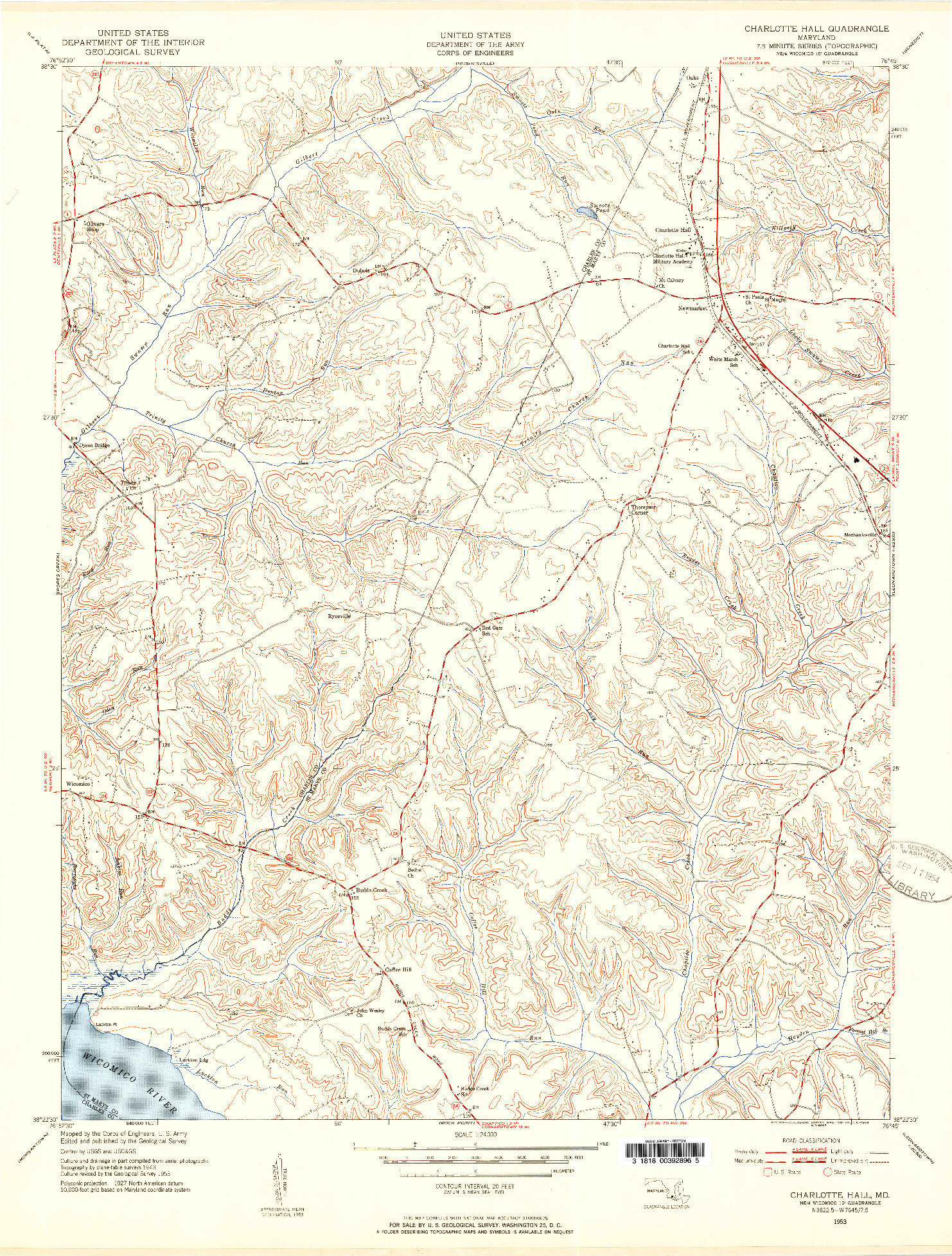 USGS 1:24000-SCALE QUADRANGLE FOR CHARLOTTE HALL, MD 1953