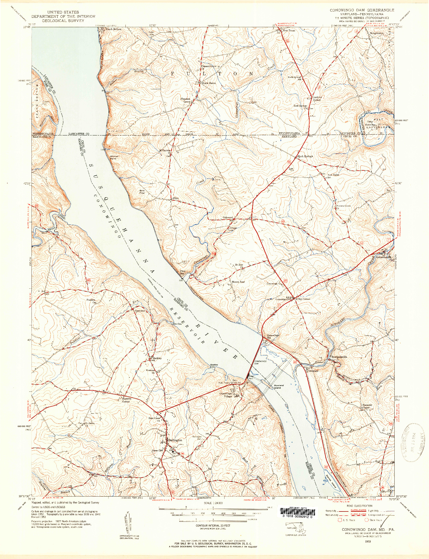 USGS 1:24000-SCALE QUADRANGLE FOR CONOWINGO DAM, MD 1953