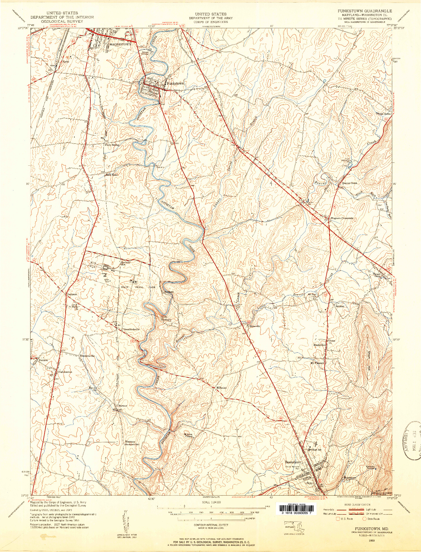 USGS 1:24000-SCALE QUADRANGLE FOR FUNKSTOWN, MD 1953