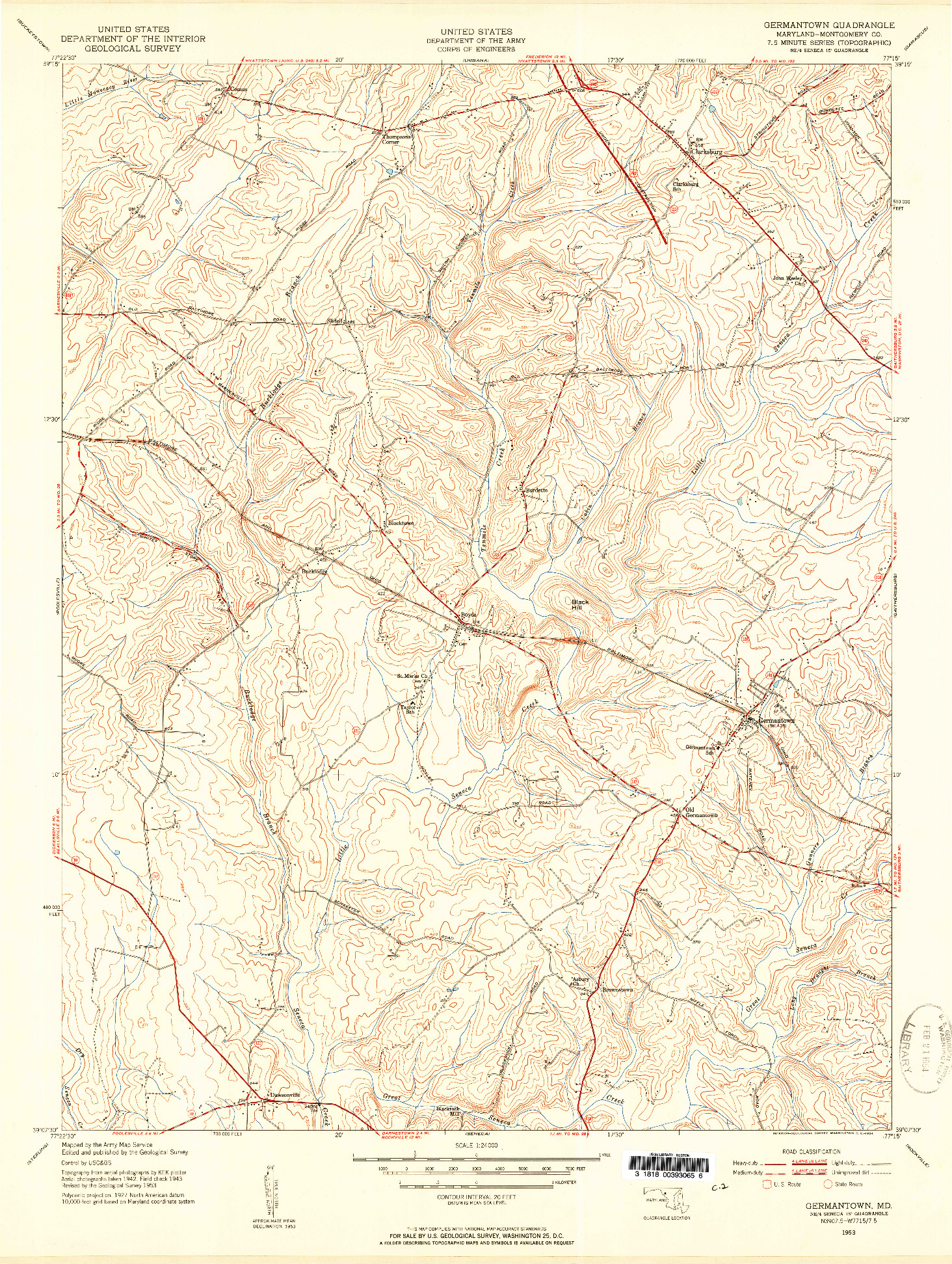 USGS 1:24000-SCALE QUADRANGLE FOR GERMANTOWN, MD 1953