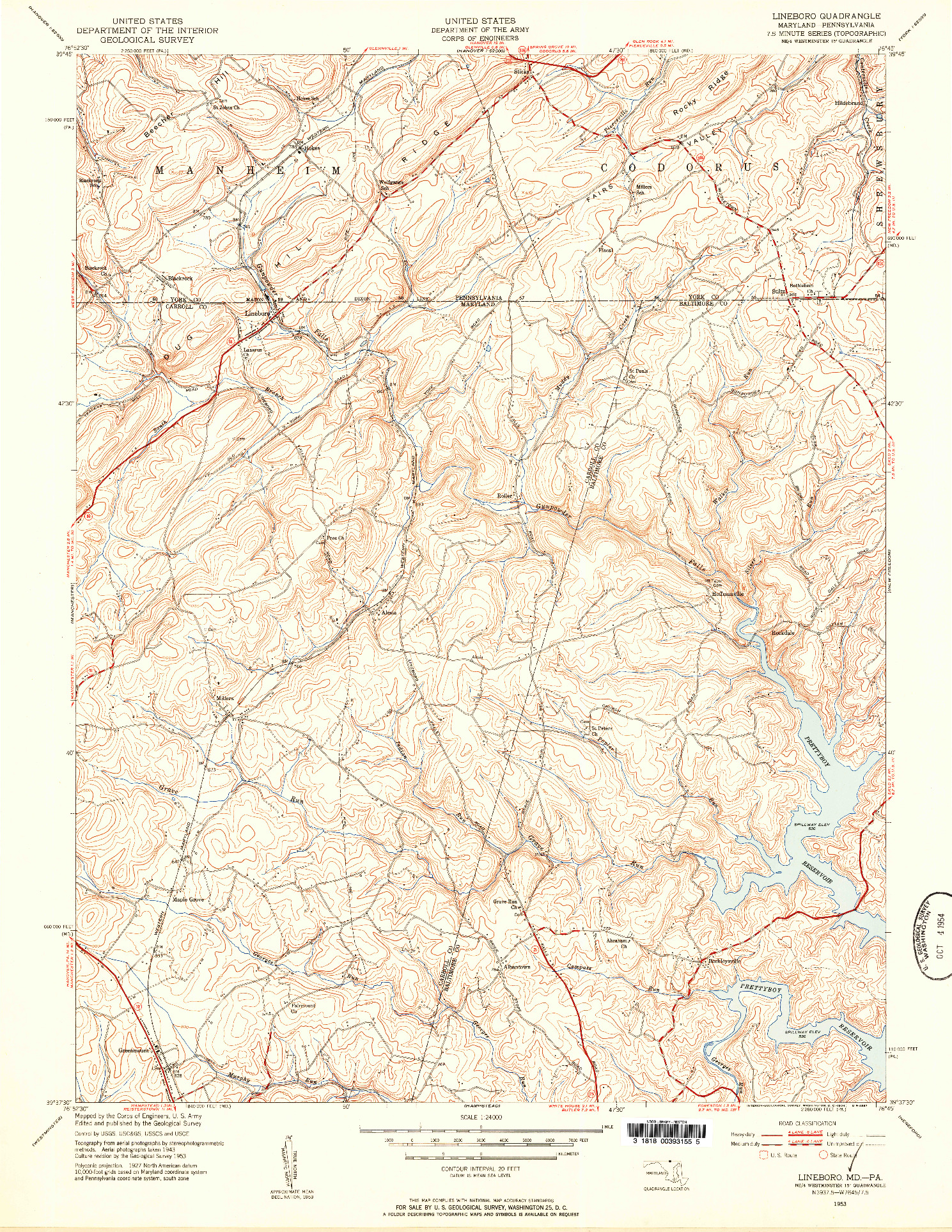 USGS 1:24000-SCALE QUADRANGLE FOR LINEBORO, MD 1953