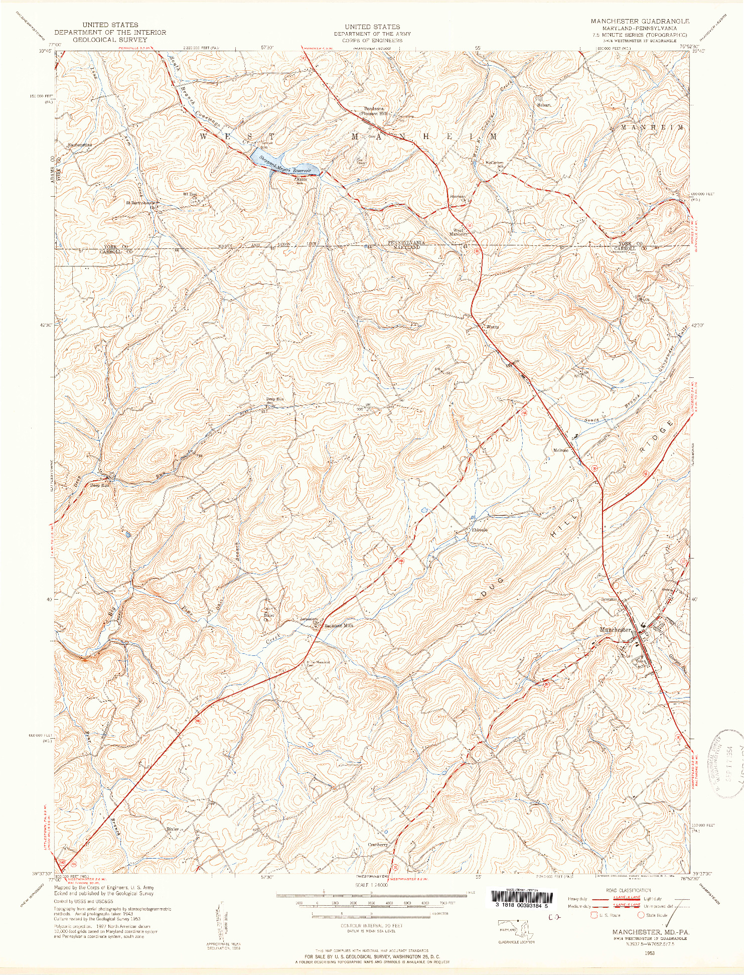 USGS 1:24000-SCALE QUADRANGLE FOR MANCHESTER, MD 1953