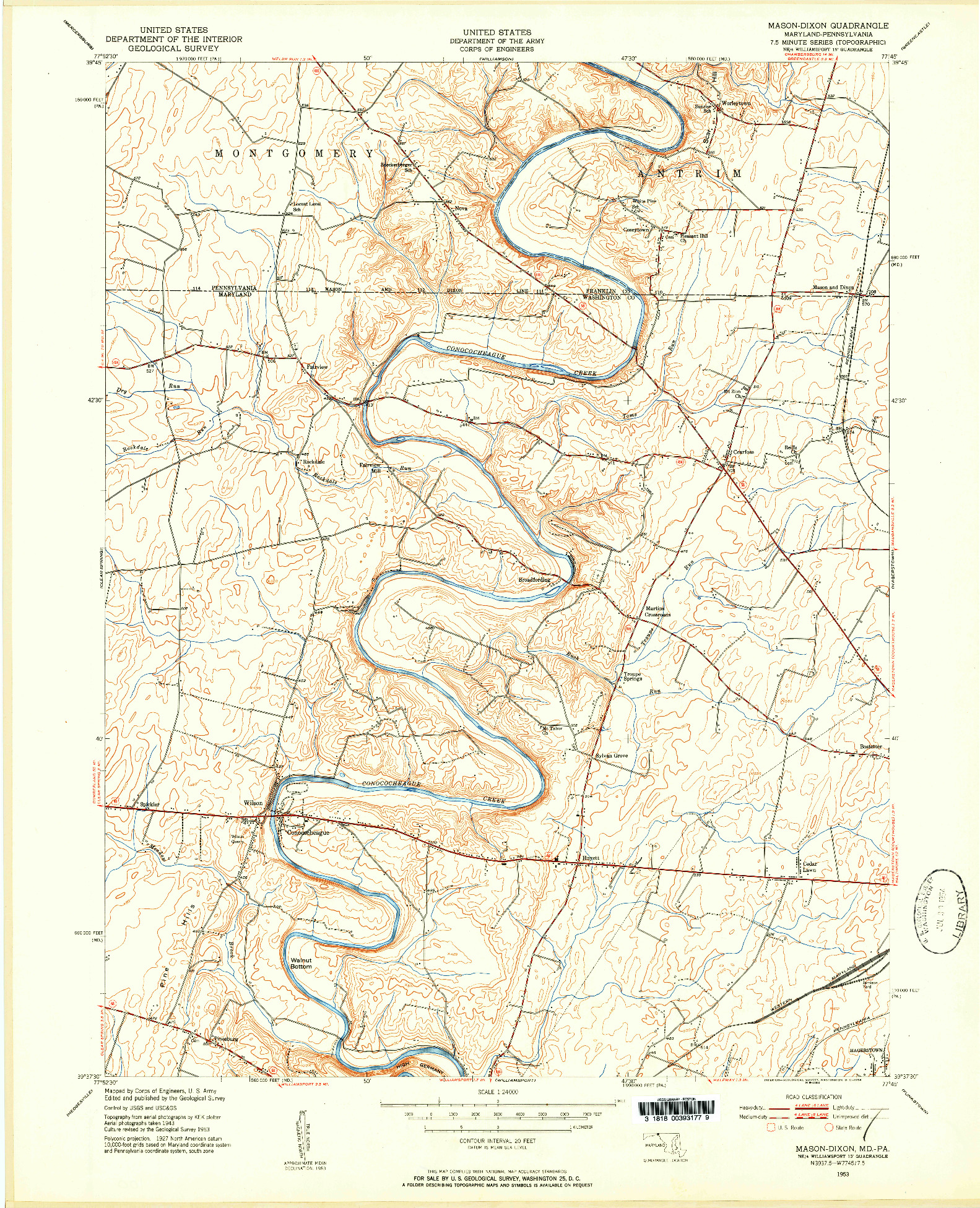 USGS 1:24000-SCALE QUADRANGLE FOR MASON-DIXON, MD 1953