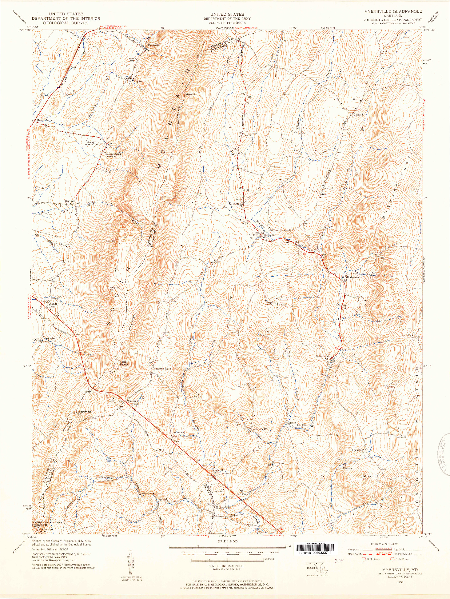 USGS 1:24000-SCALE QUADRANGLE FOR MYERSVILLE, MD 1953