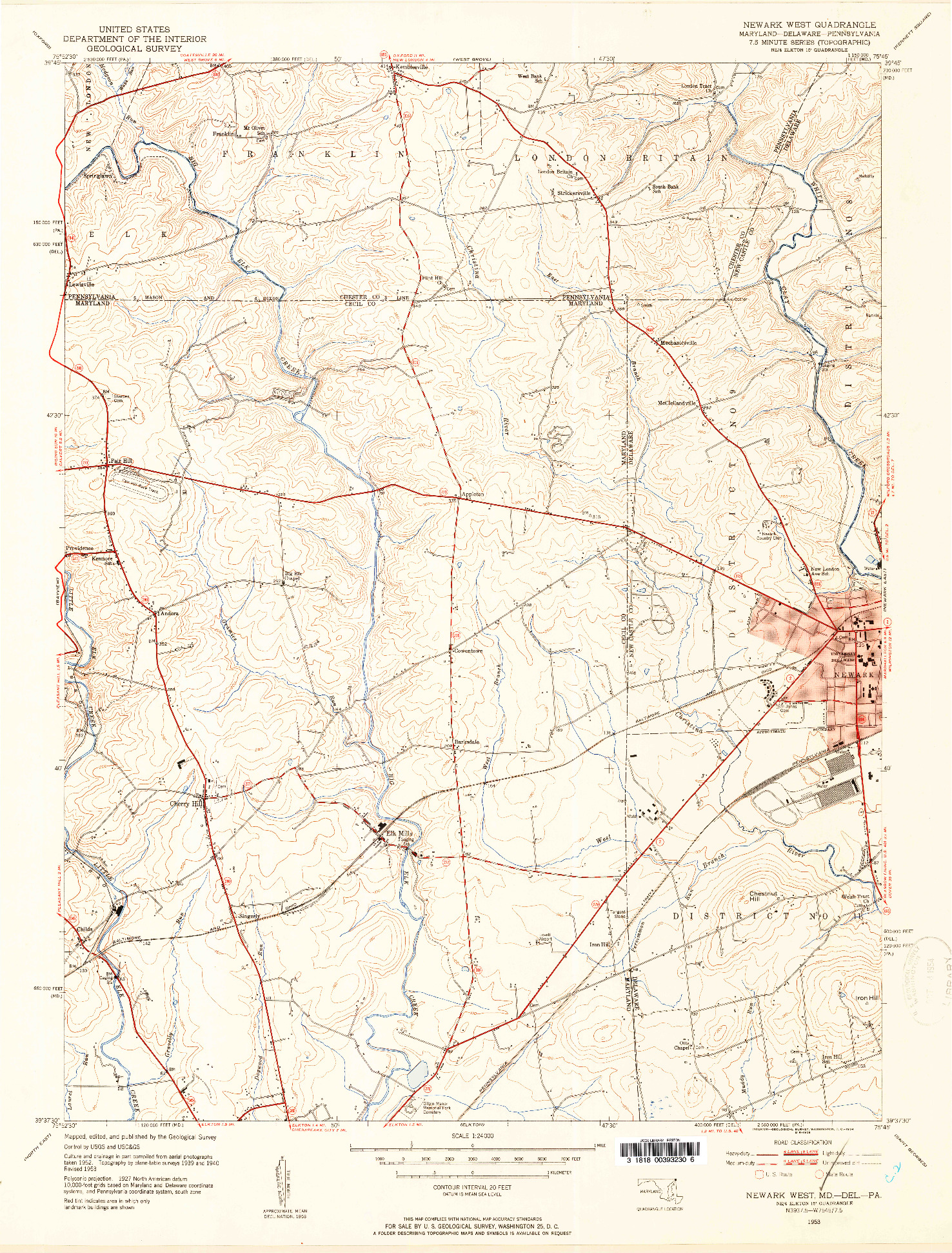 USGS 1:24000-SCALE QUADRANGLE FOR NEWARK WEST, MD 1953