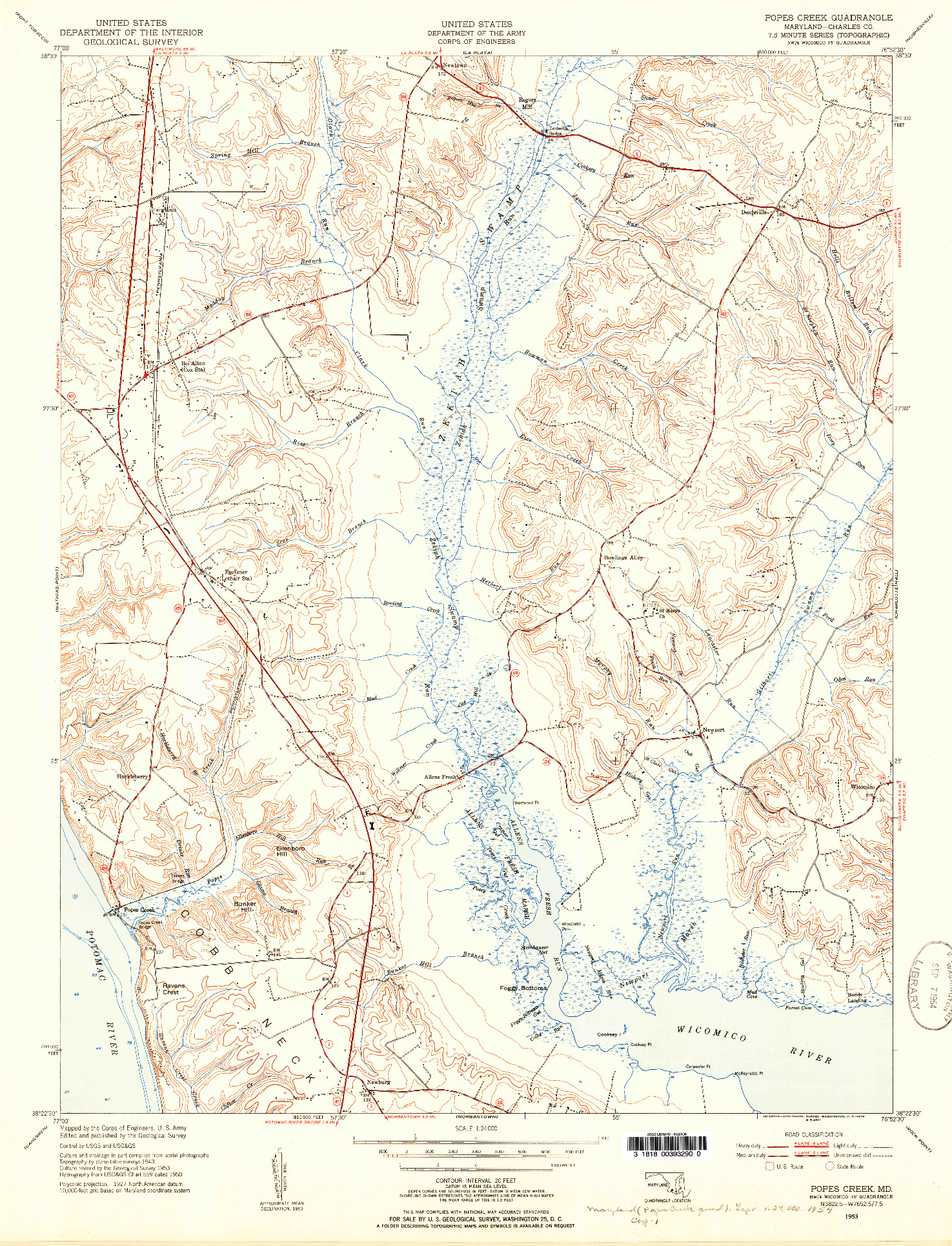 USGS 1:24000-SCALE QUADRANGLE FOR POPES CREEK, MD 1953