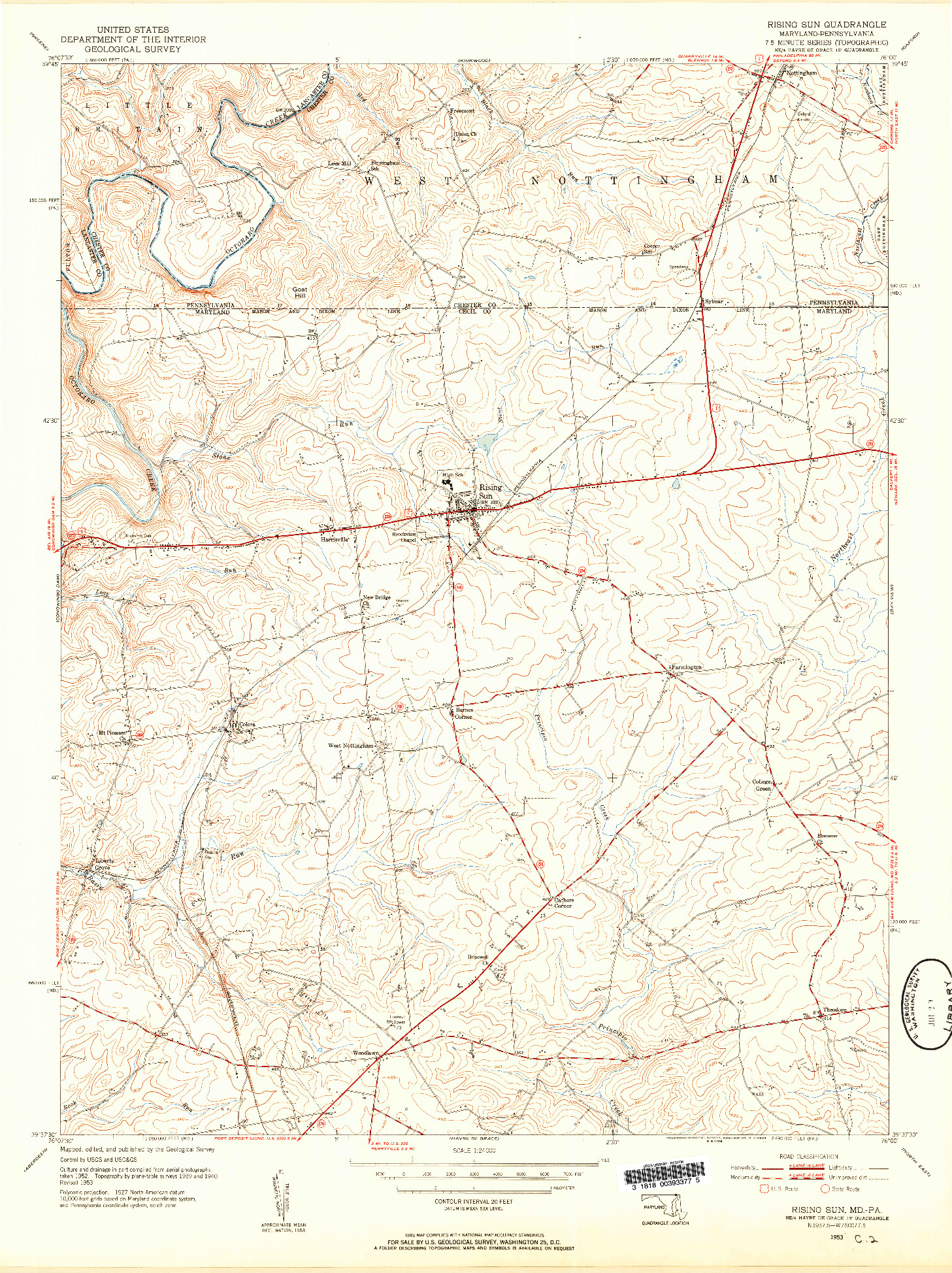 USGS 1:24000-SCALE QUADRANGLE FOR RISING SUN, MD 1953