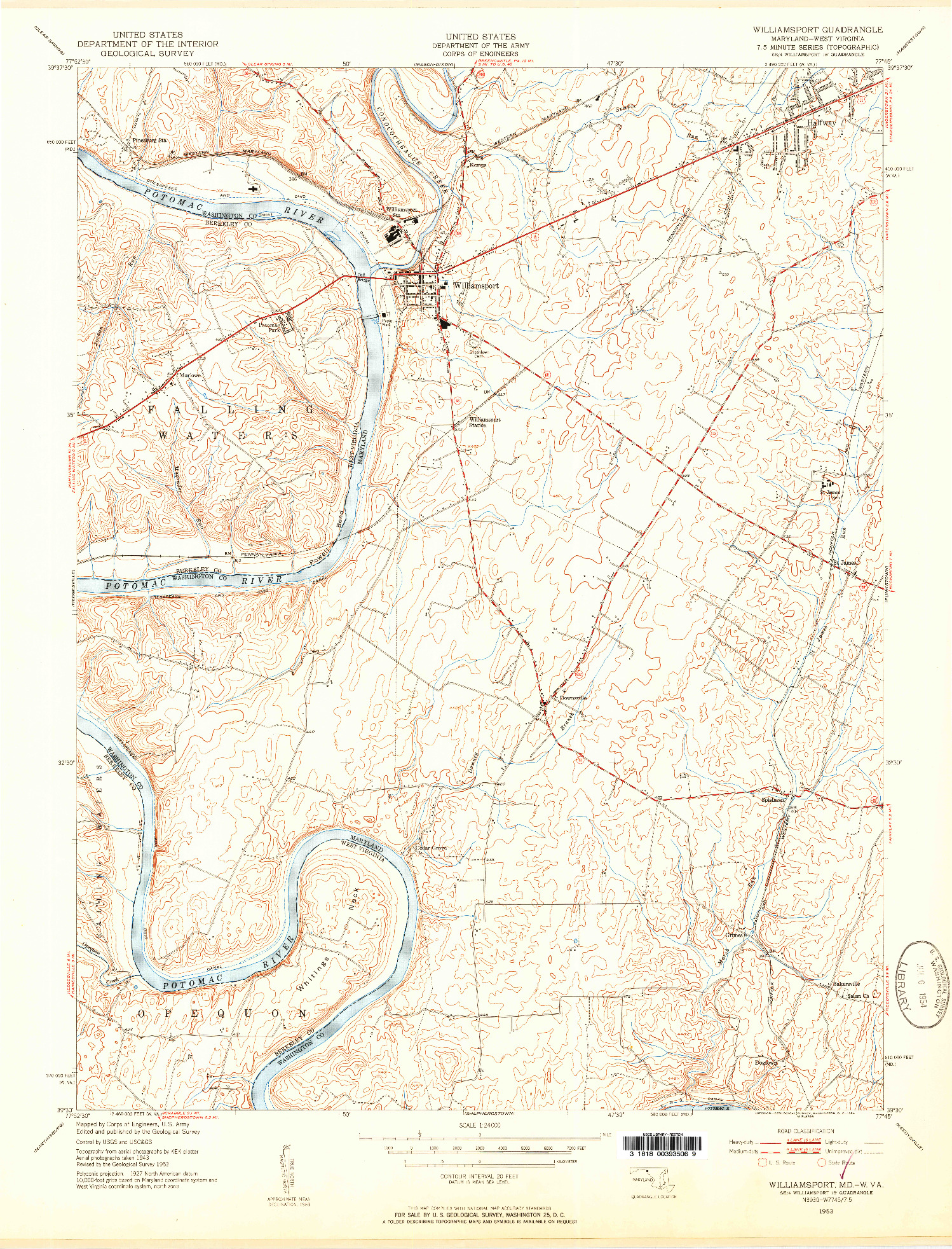USGS 1:24000-SCALE QUADRANGLE FOR WILLIAMSPORT, MD 1953