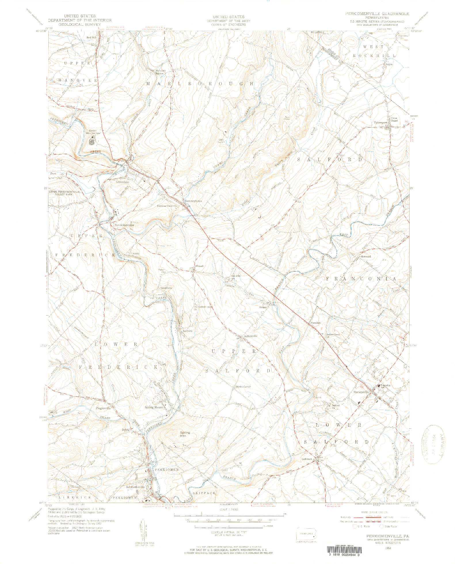 USGS 1:24000-SCALE QUADRANGLE FOR PERKIOMENVILLE, PA 1953