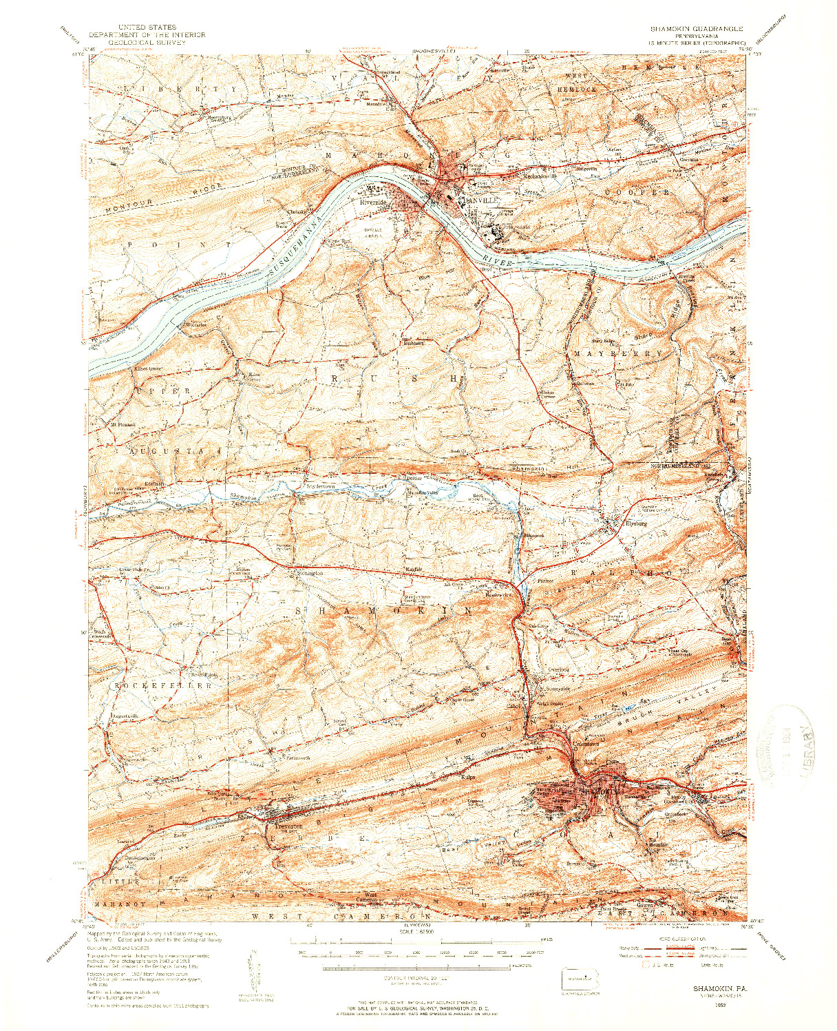 USGS 1:62500-SCALE QUADRANGLE FOR SHAMOKIN, PA 1952