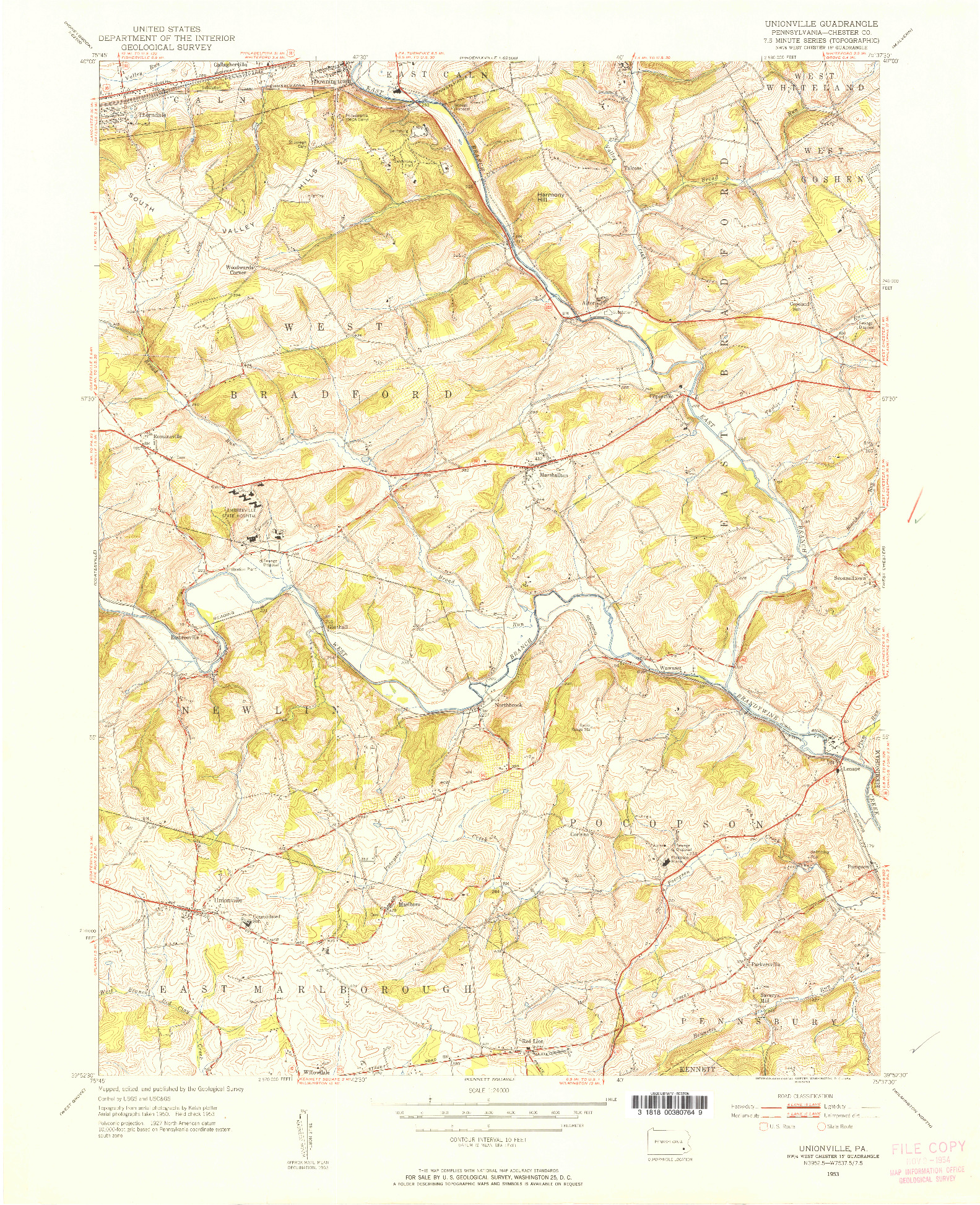 USGS 1:24000-SCALE QUADRANGLE FOR UNIONVILLE, PA 1953