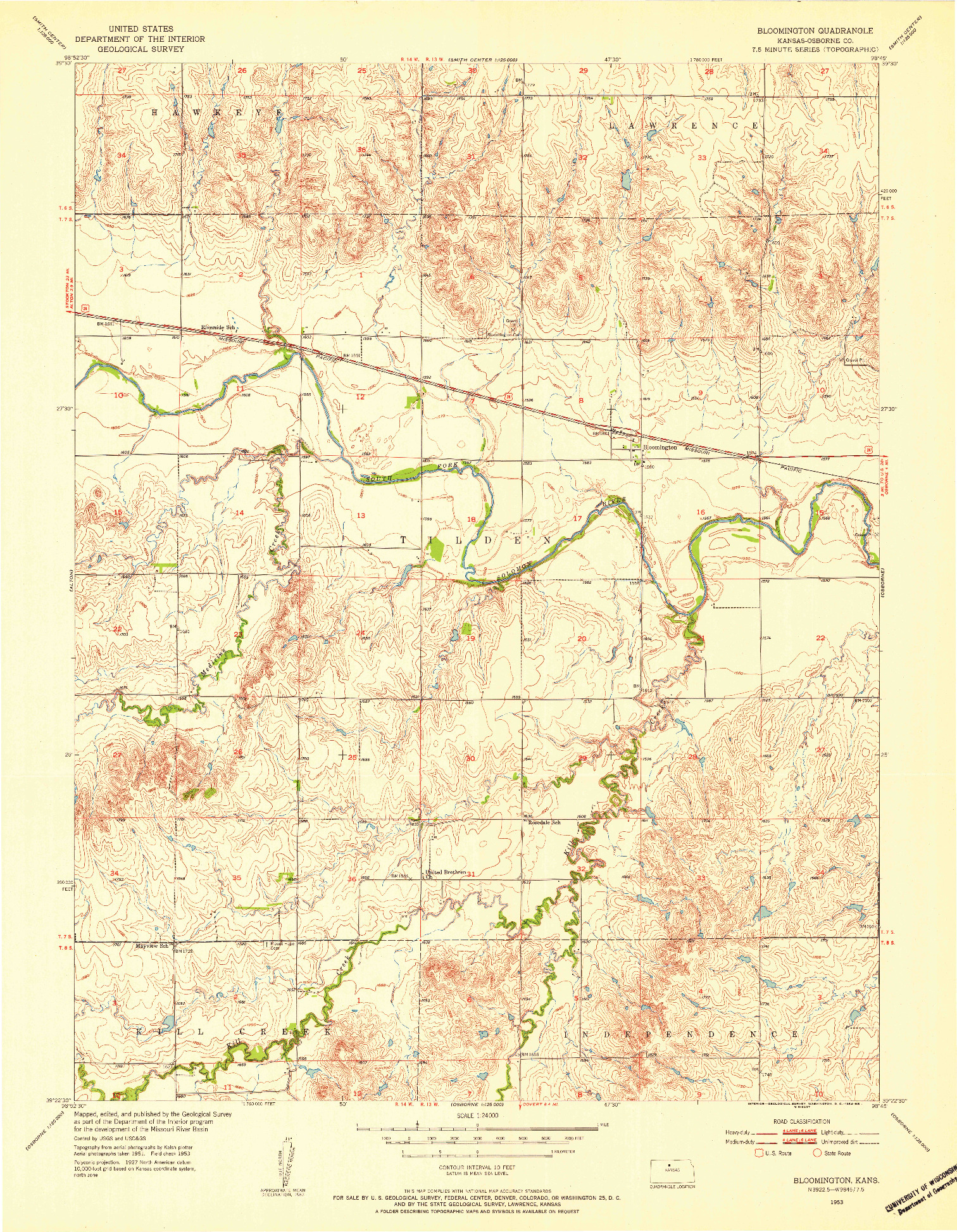 USGS 1:24000-SCALE QUADRANGLE FOR BLOOMINGTON, KS 1953