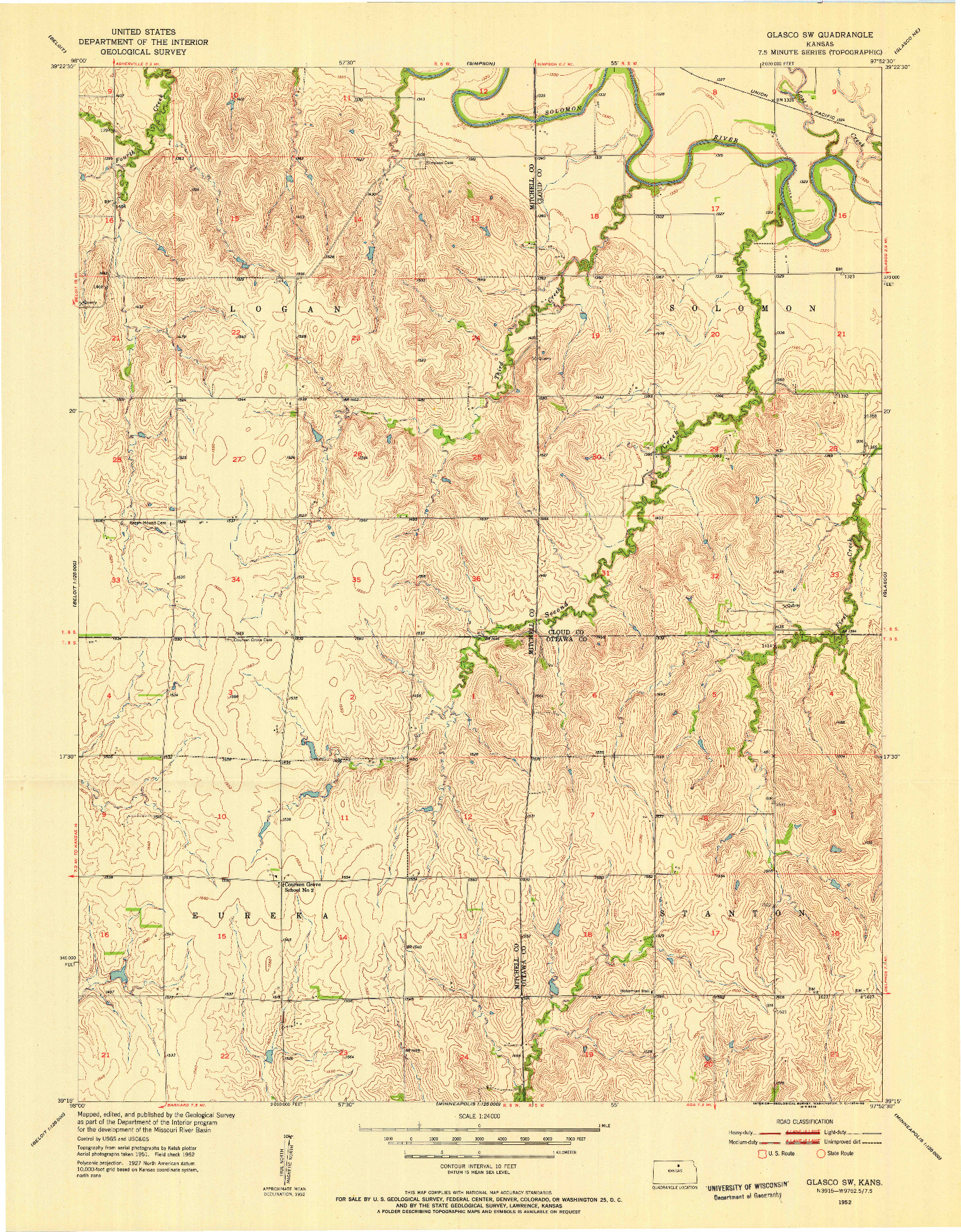 USGS 1:24000-SCALE QUADRANGLE FOR GLASCO SW, KS 1952