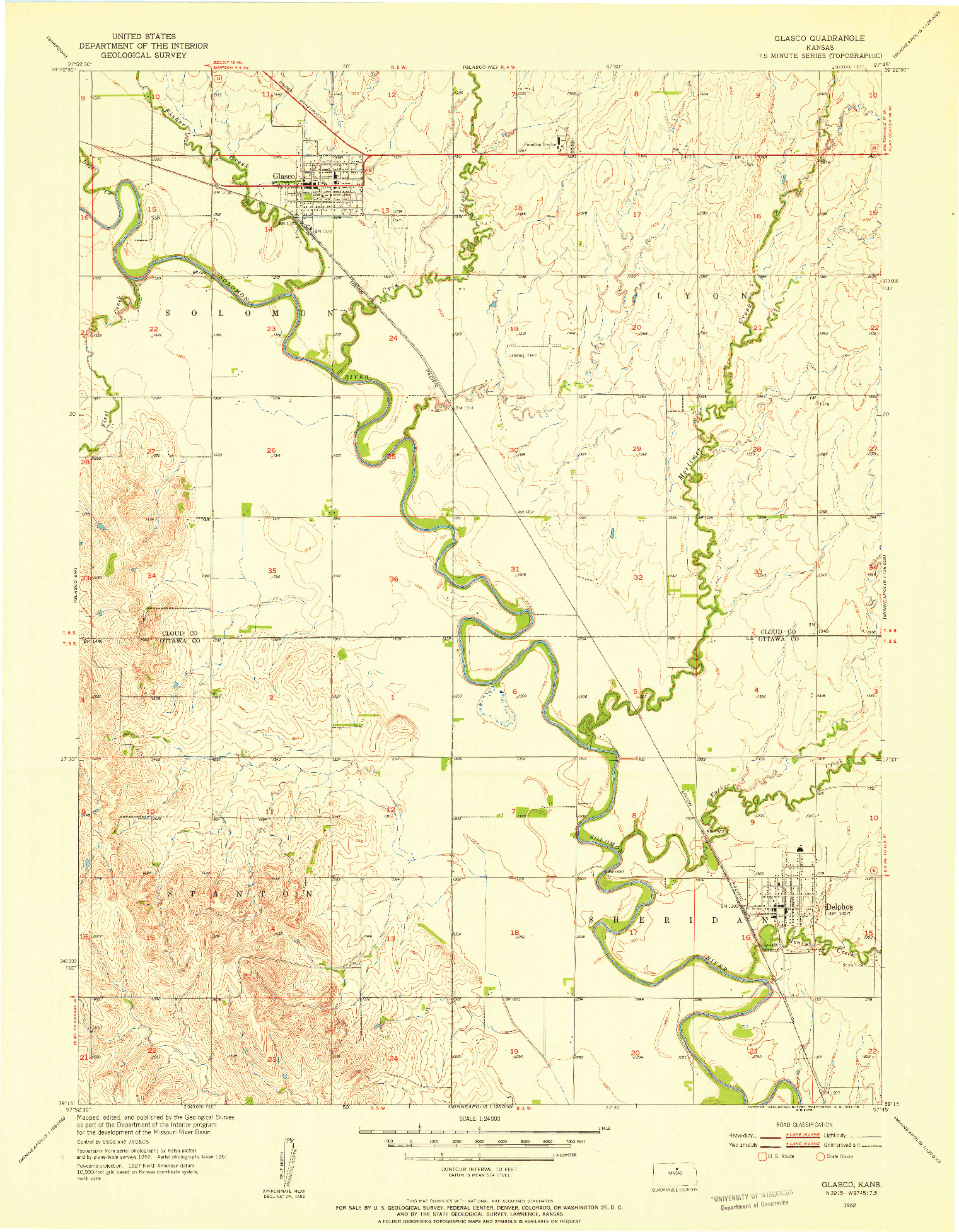 USGS 1:24000-SCALE QUADRANGLE FOR GLASCO, KS 1952