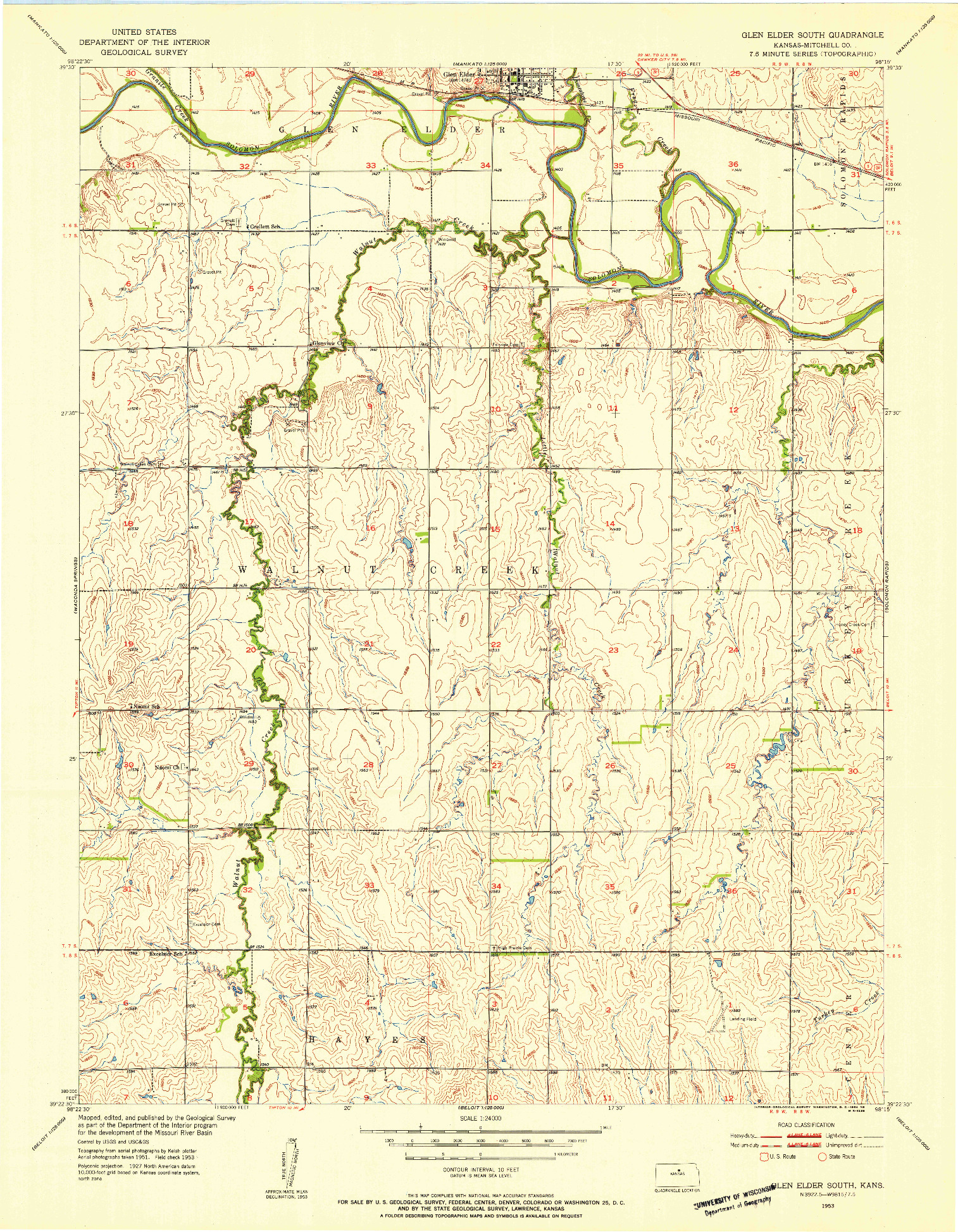 USGS 1:24000-SCALE QUADRANGLE FOR GLEN ELDER SOUTH, KS 1953