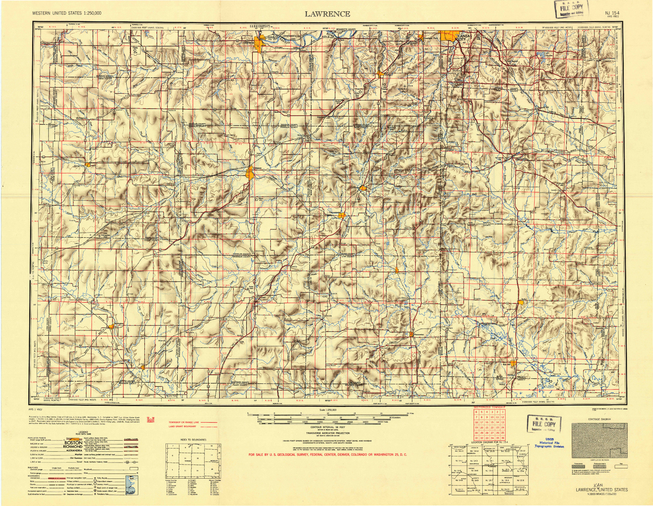 USGS 1:250000-SCALE QUADRANGLE FOR LAWRENCE, KS 1947