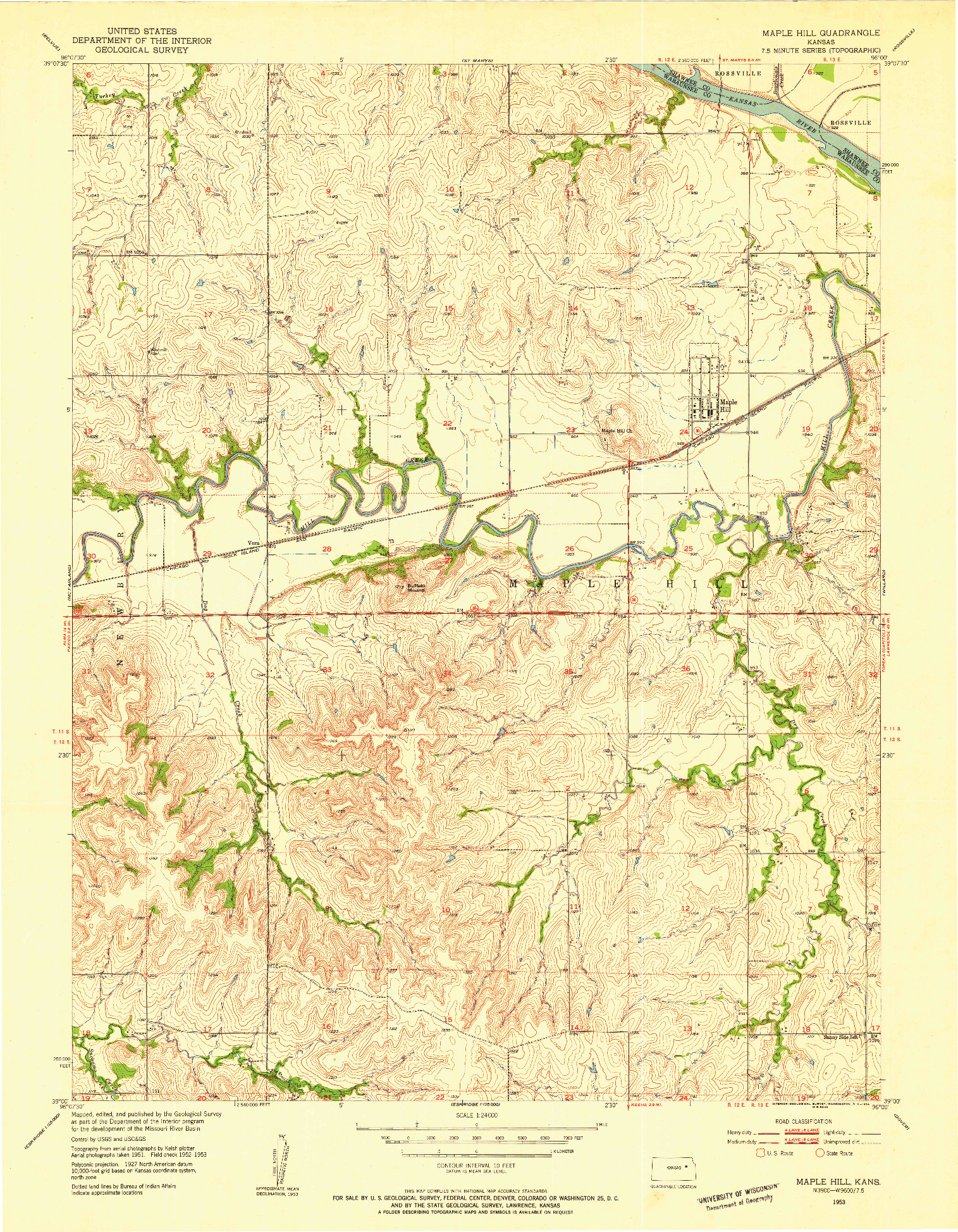 USGS 1:24000-SCALE QUADRANGLE FOR MAPLE HILL, KS 1953