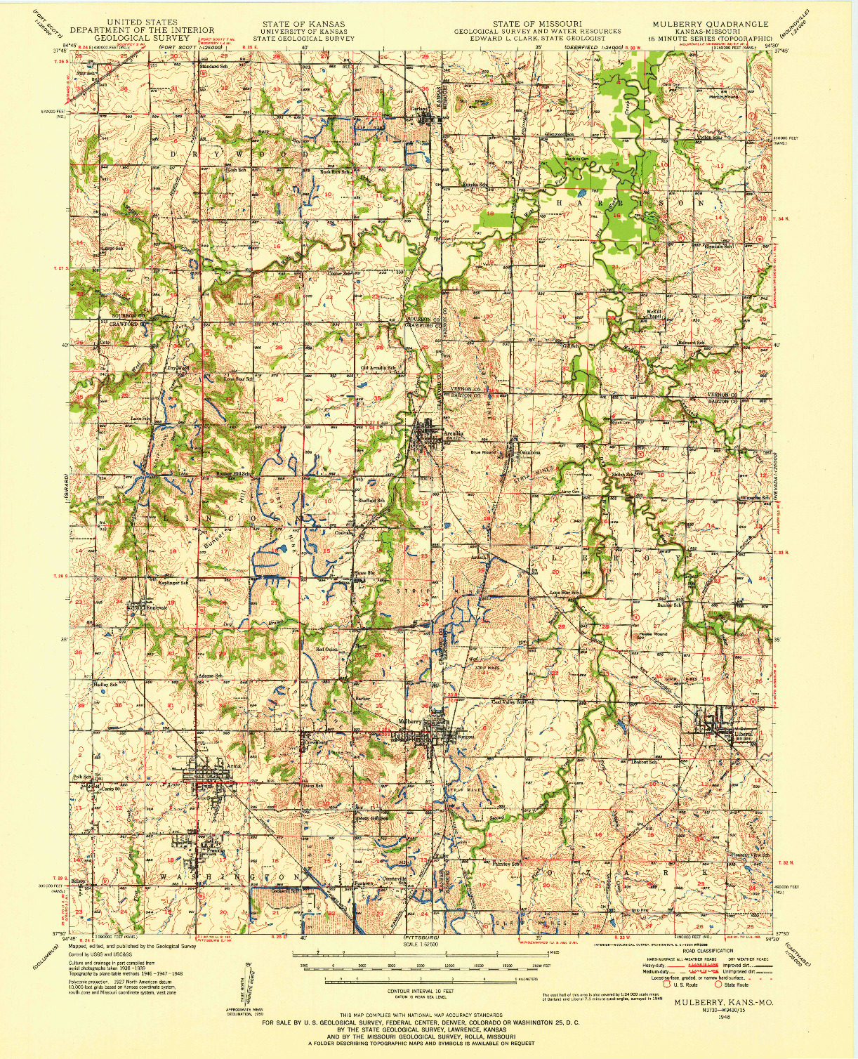 USGS 1:62500-SCALE QUADRANGLE FOR MULBERRY, KS 1948