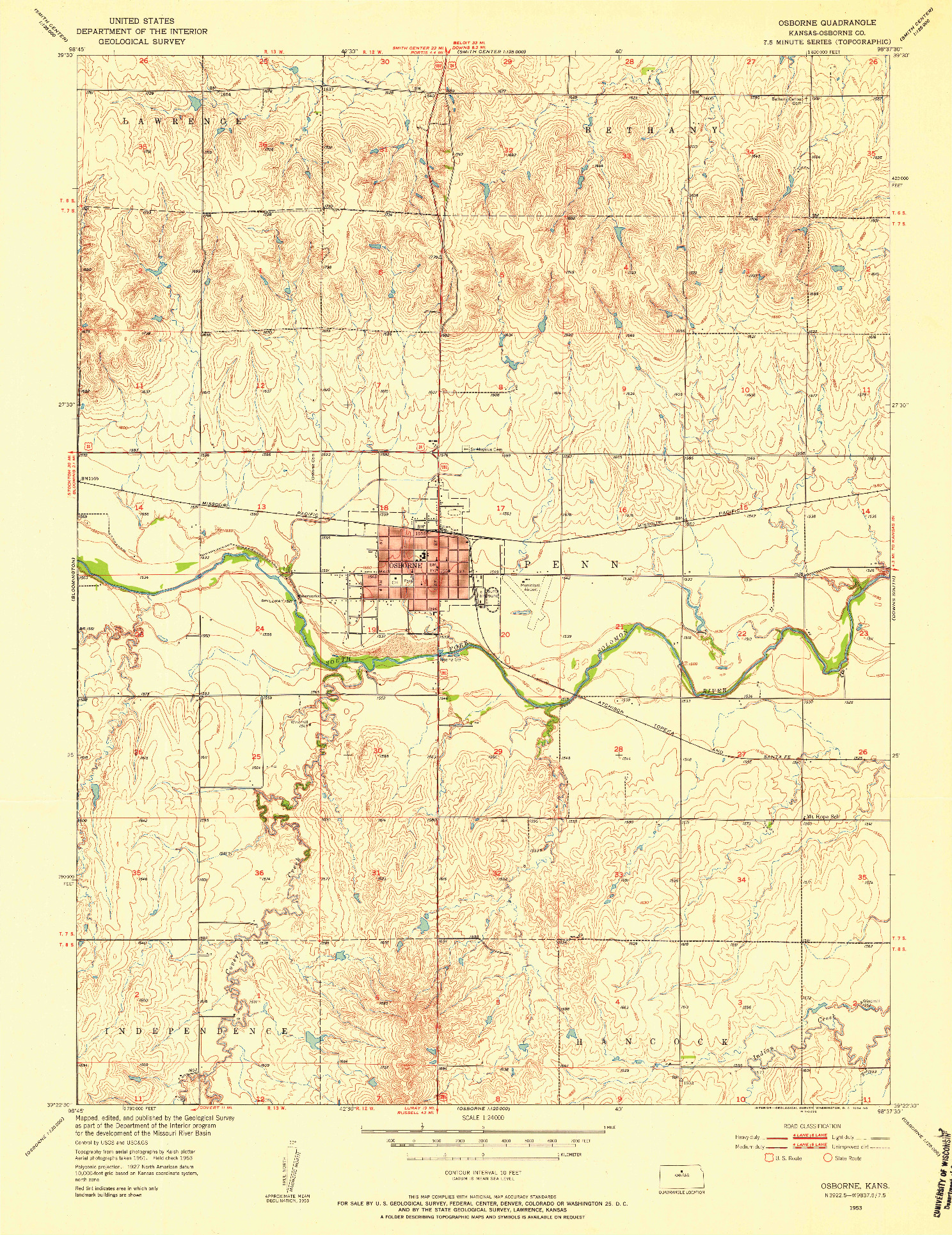 USGS 1:24000-SCALE QUADRANGLE FOR OSBORNE, KS 1953