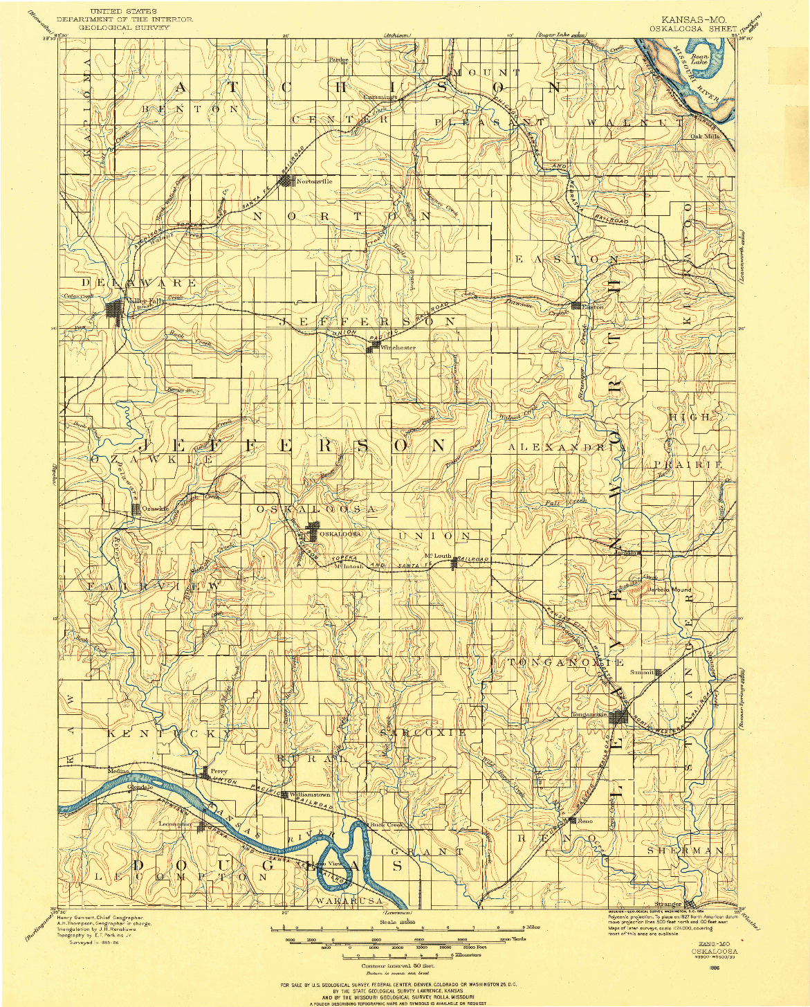 USGS 1:125000-SCALE QUADRANGLE FOR OSKALOOSA, KS 1886
