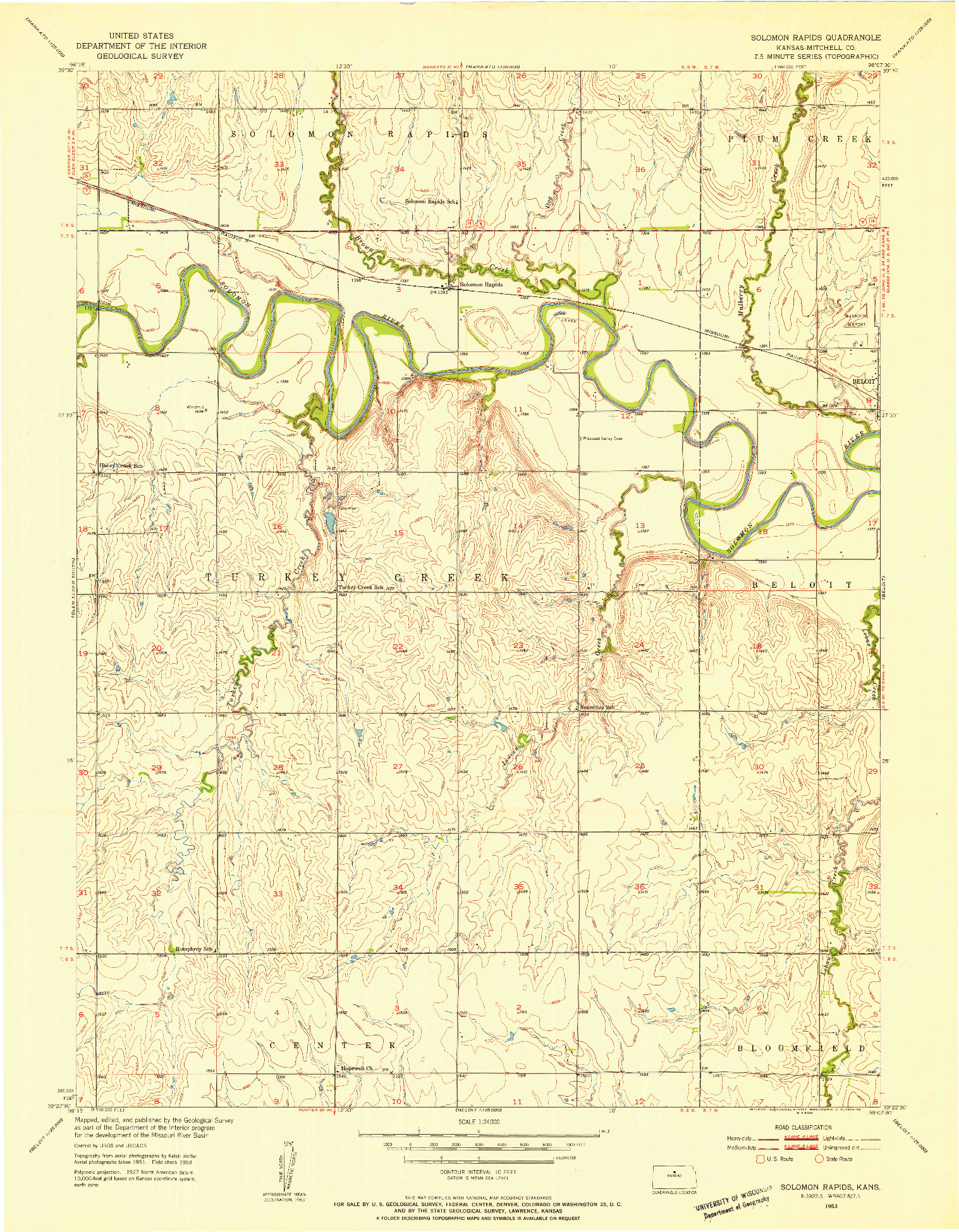 USGS 1:24000-SCALE QUADRANGLE FOR SOLOMON RAPIDS, KS 1953