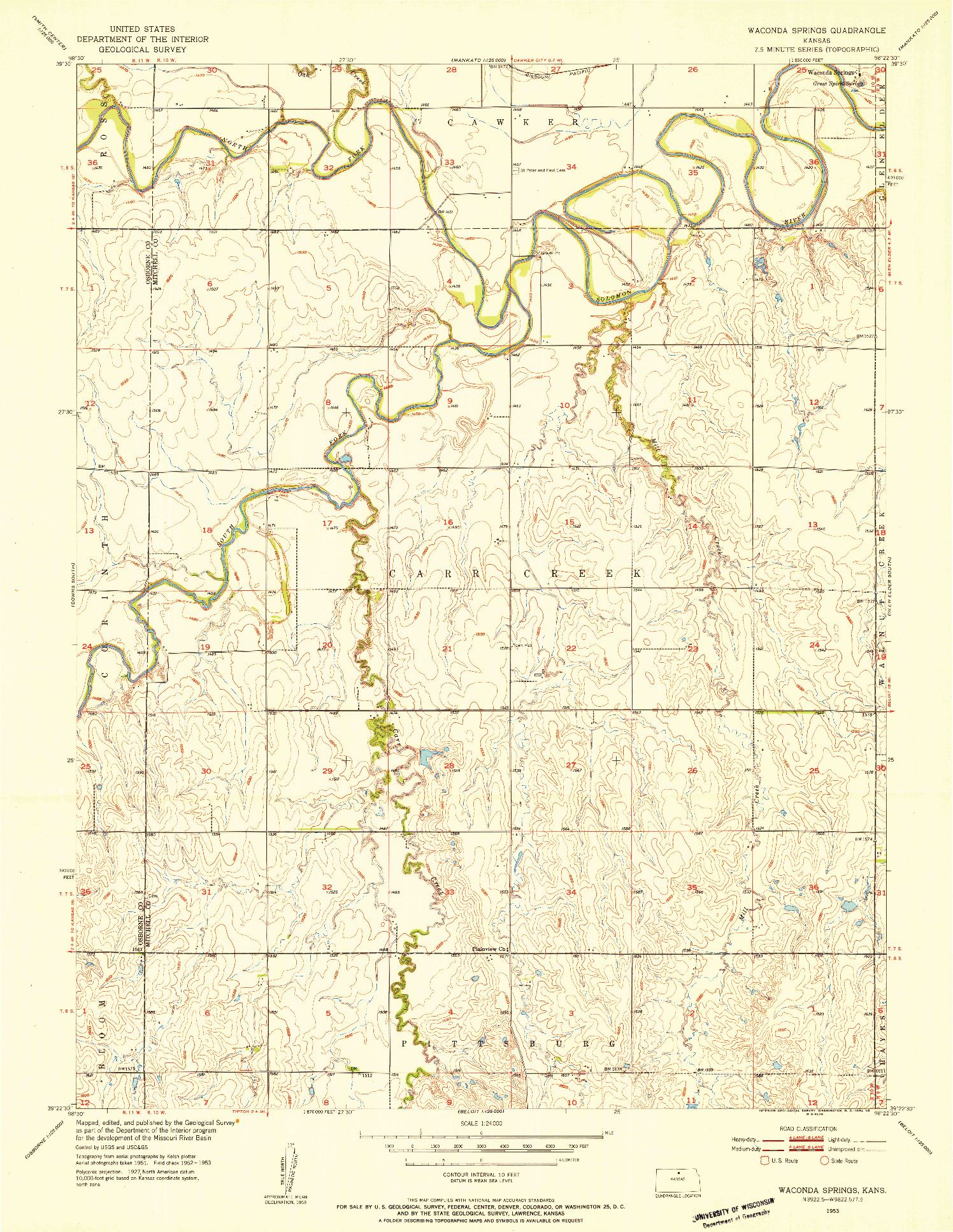 USGS 1:24000-SCALE QUADRANGLE FOR WACONDA SPRINGS, KS 1953