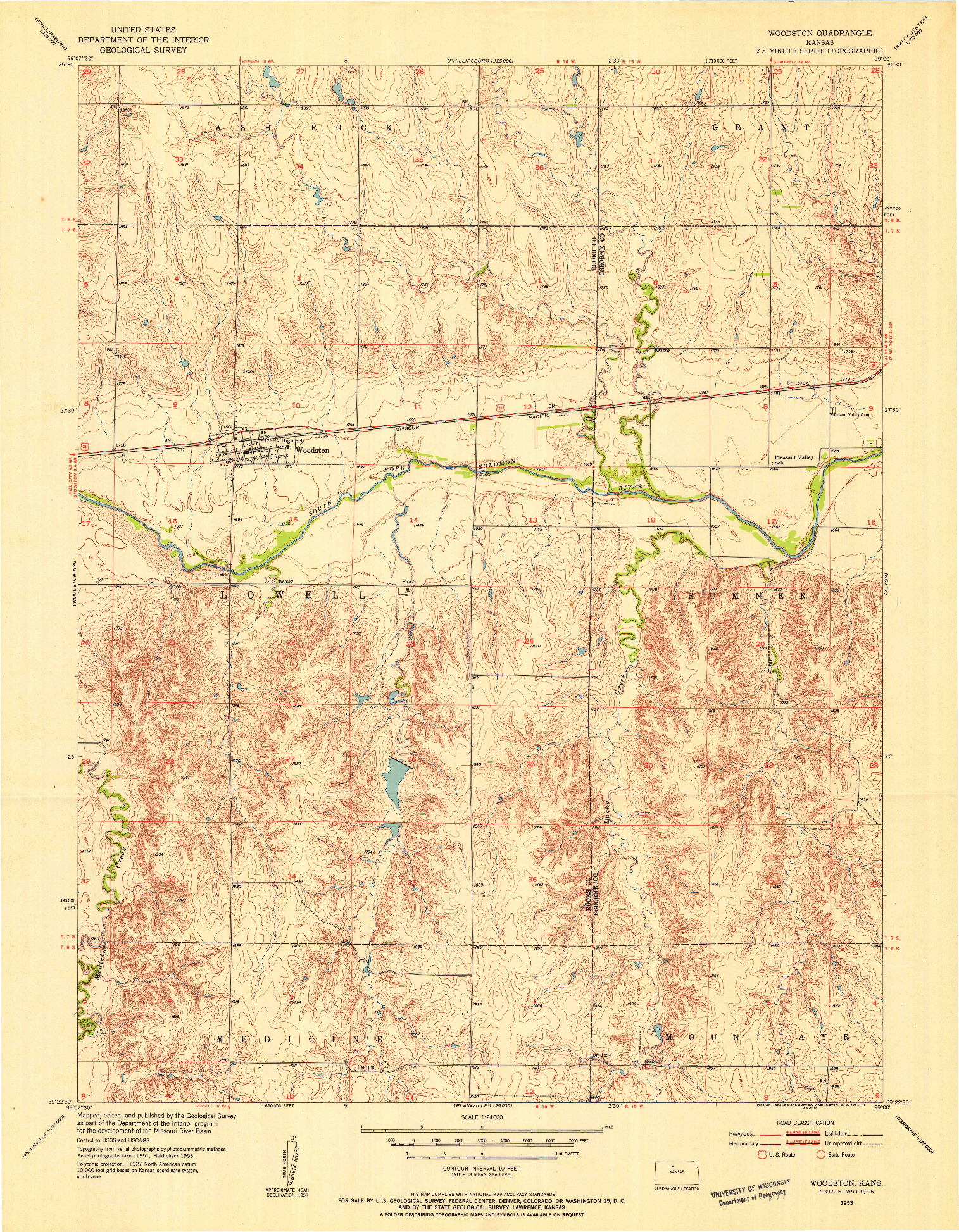 USGS 1:24000-SCALE QUADRANGLE FOR WOODSTON, KS 1953