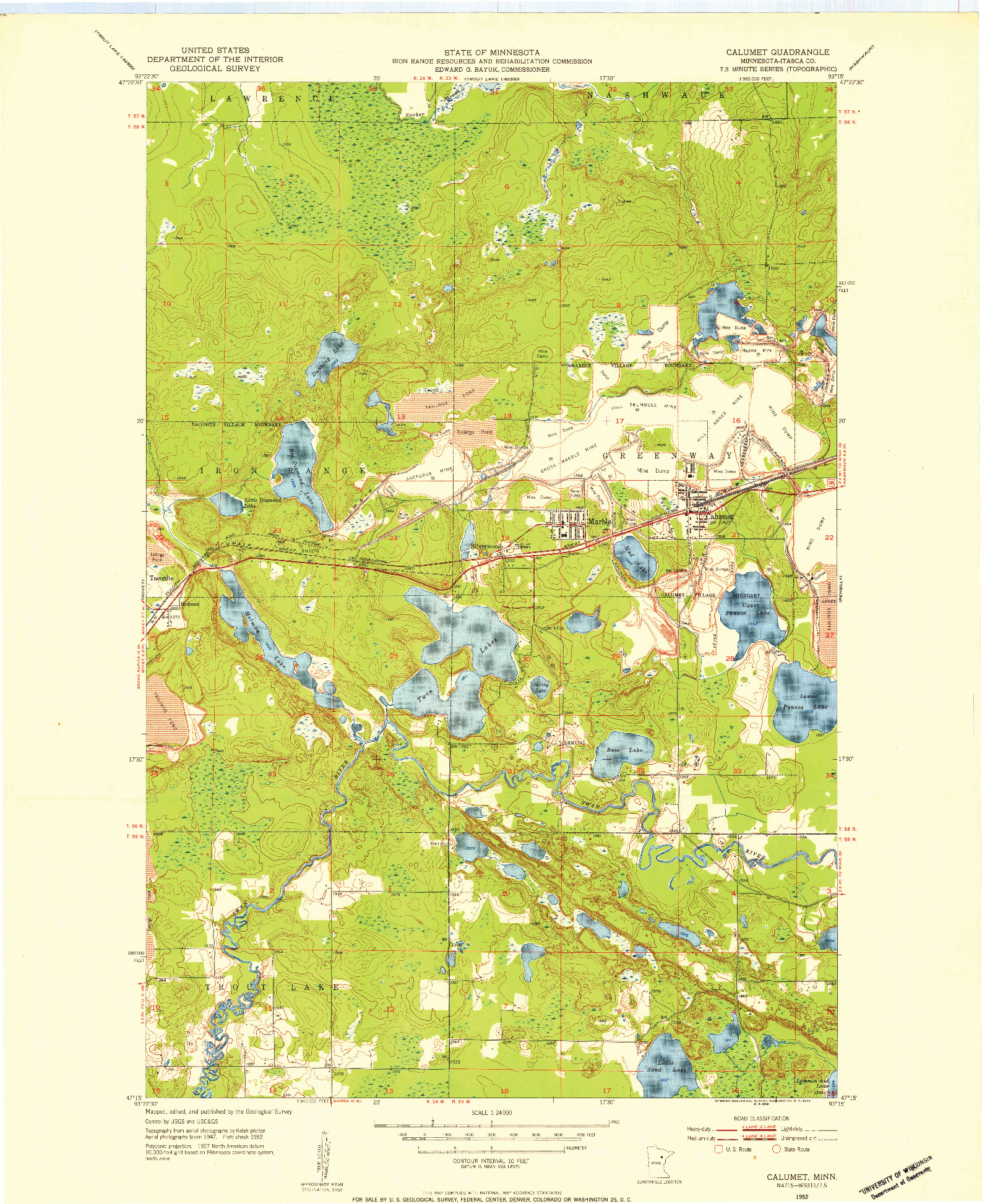 USGS 1:24000-SCALE QUADRANGLE FOR CALUMET, MN 1952