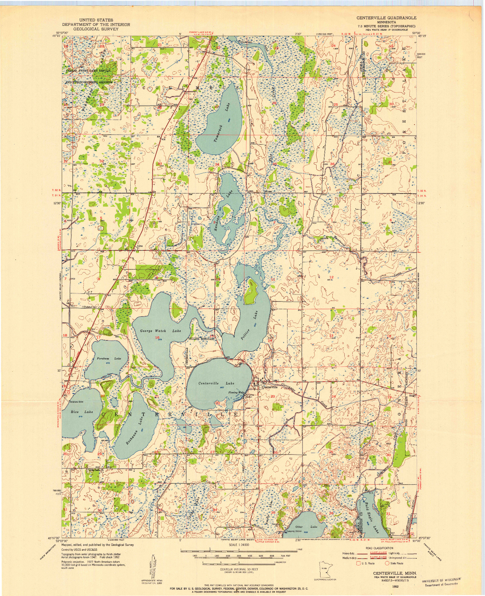 USGS 1:24000-SCALE QUADRANGLE FOR CENTERVILLE, MN 1952