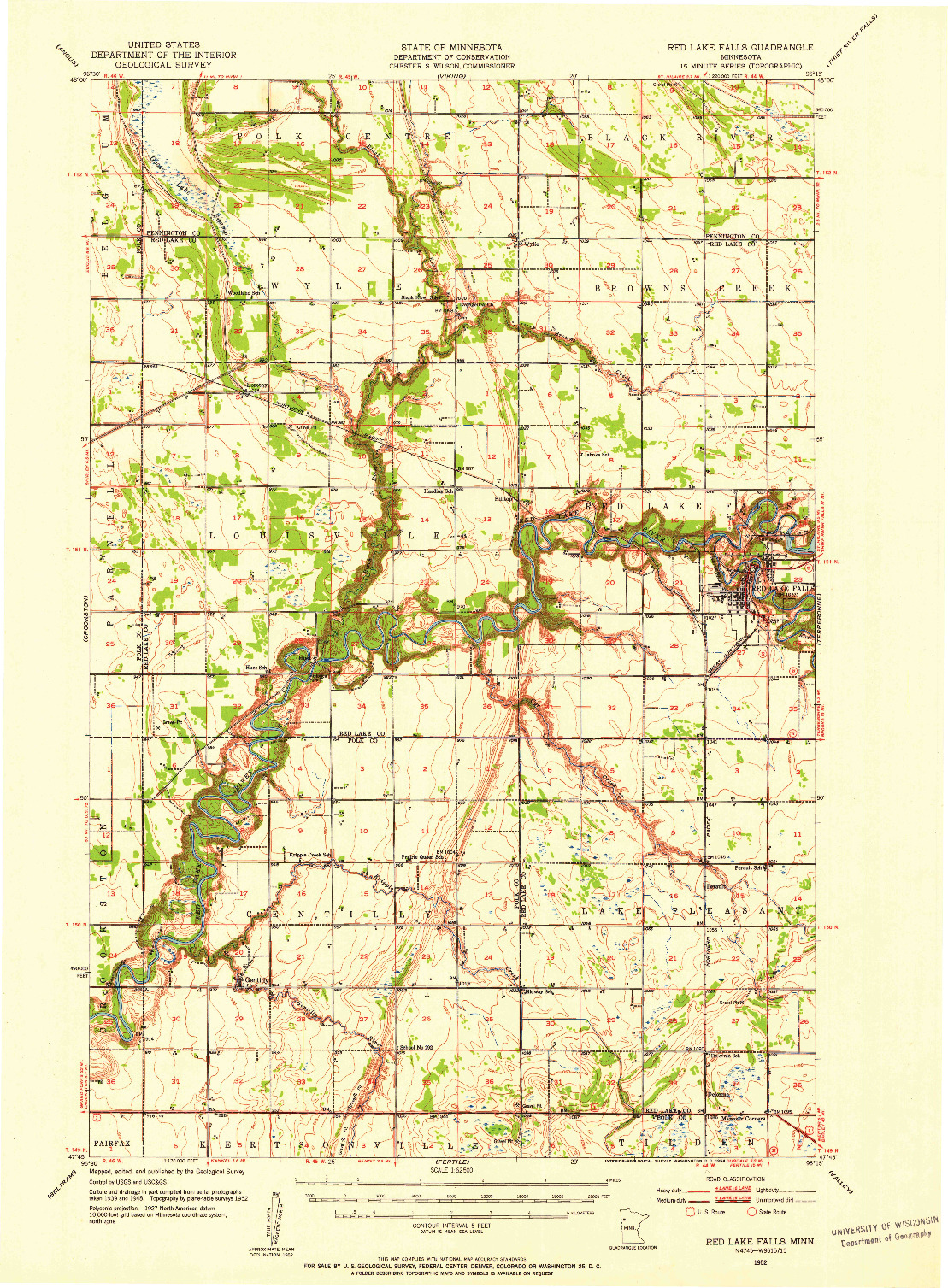 USGS 1:62500-SCALE QUADRANGLE FOR RED LAKE FALLS, MN 1952