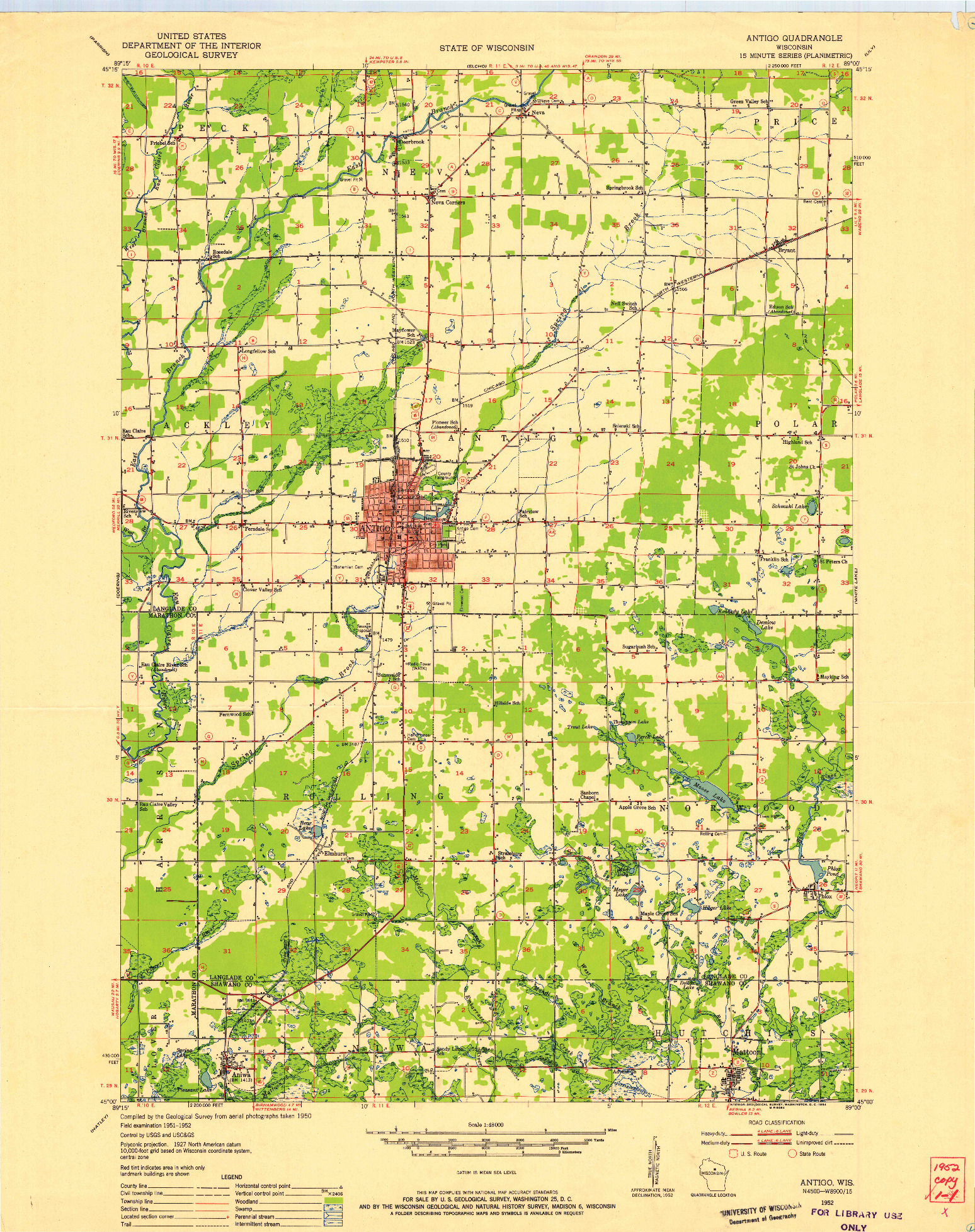 USGS 1:48000-SCALE QUADRANGLE FOR ANTIGO, WI 1952