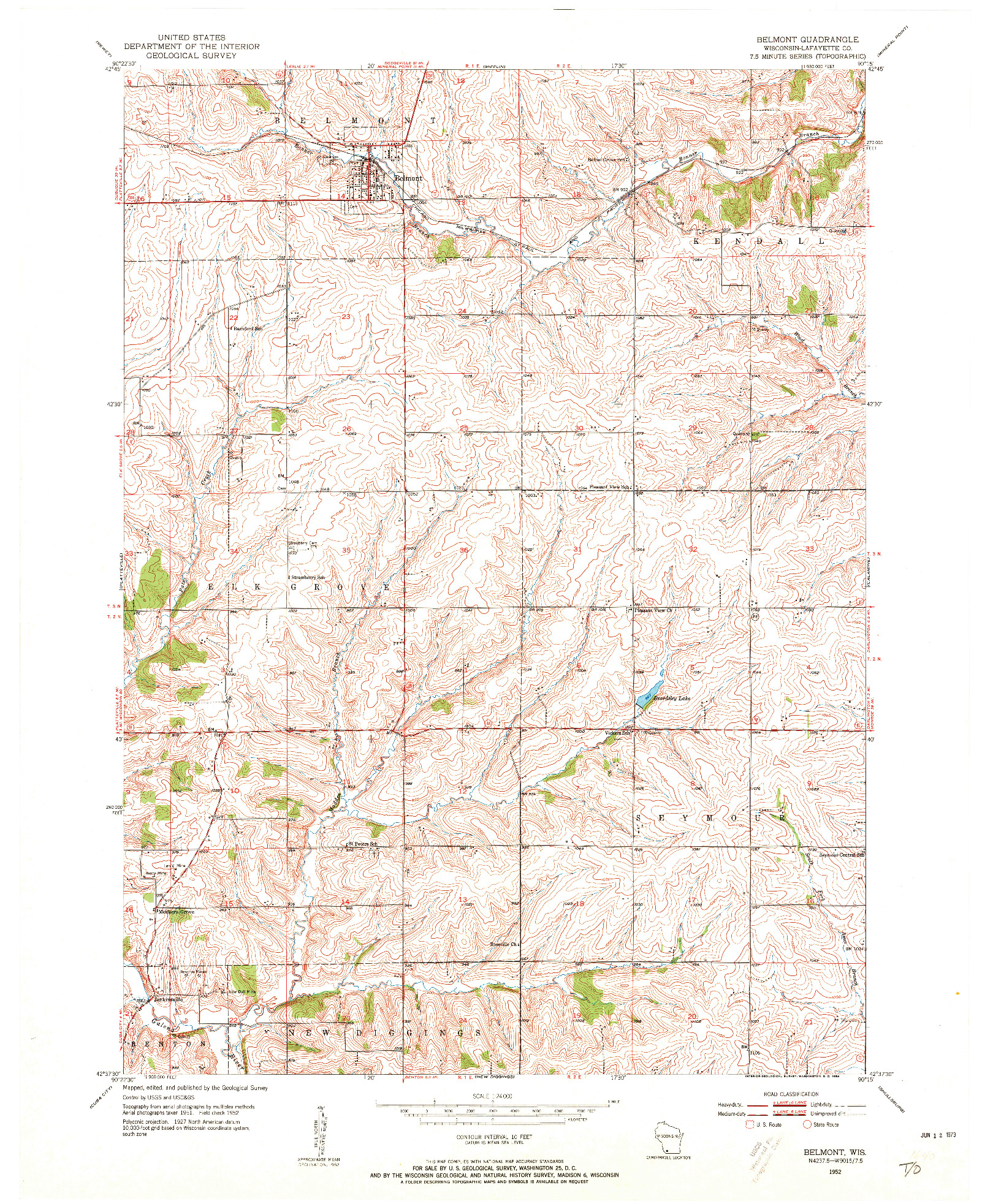 USGS 1:24000-SCALE QUADRANGLE FOR BELMONT, WI 1952