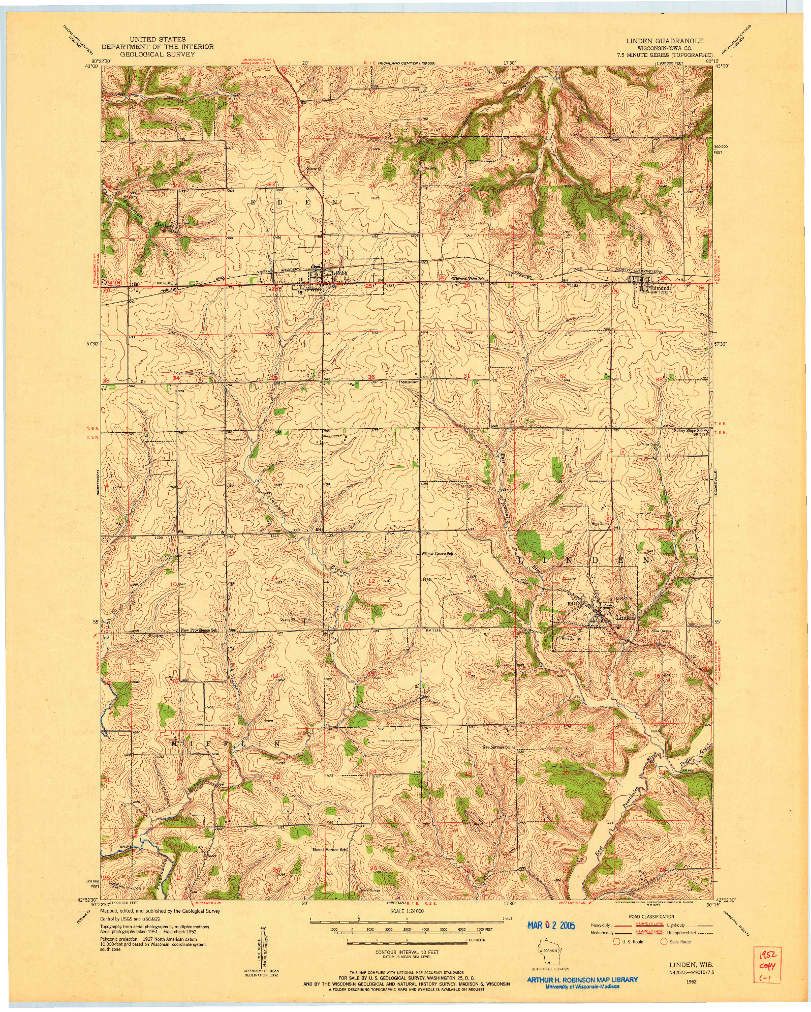 USGS 1:24000-SCALE QUADRANGLE FOR LINDEN, WI 1952
