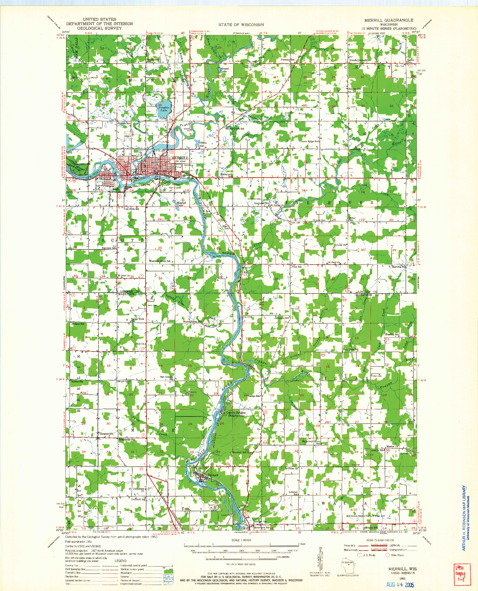 USGS 1:48000-SCALE QUADRANGLE FOR MERRILL, WI 1951