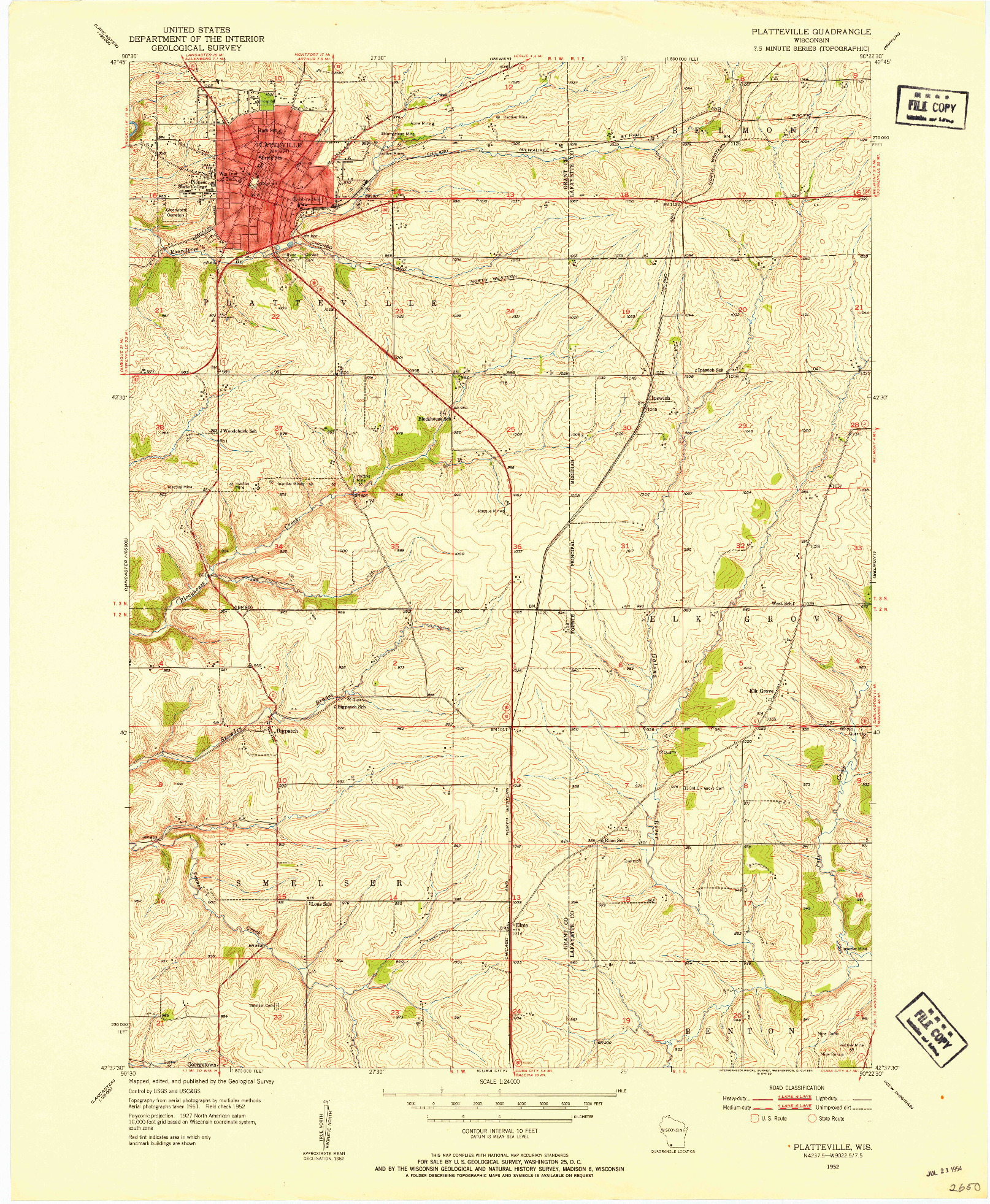 USGS 1:24000-SCALE QUADRANGLE FOR PLATTEVILLE, WI 1952