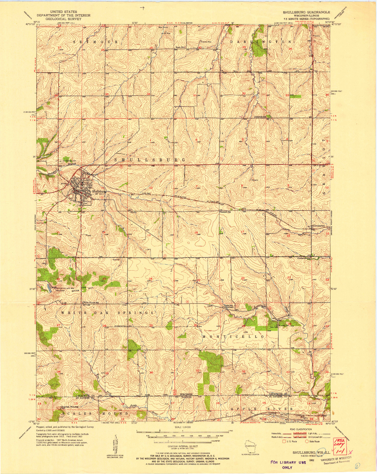 USGS 1:24000-SCALE QUADRANGLE FOR SHULLSBURG, WI 1952