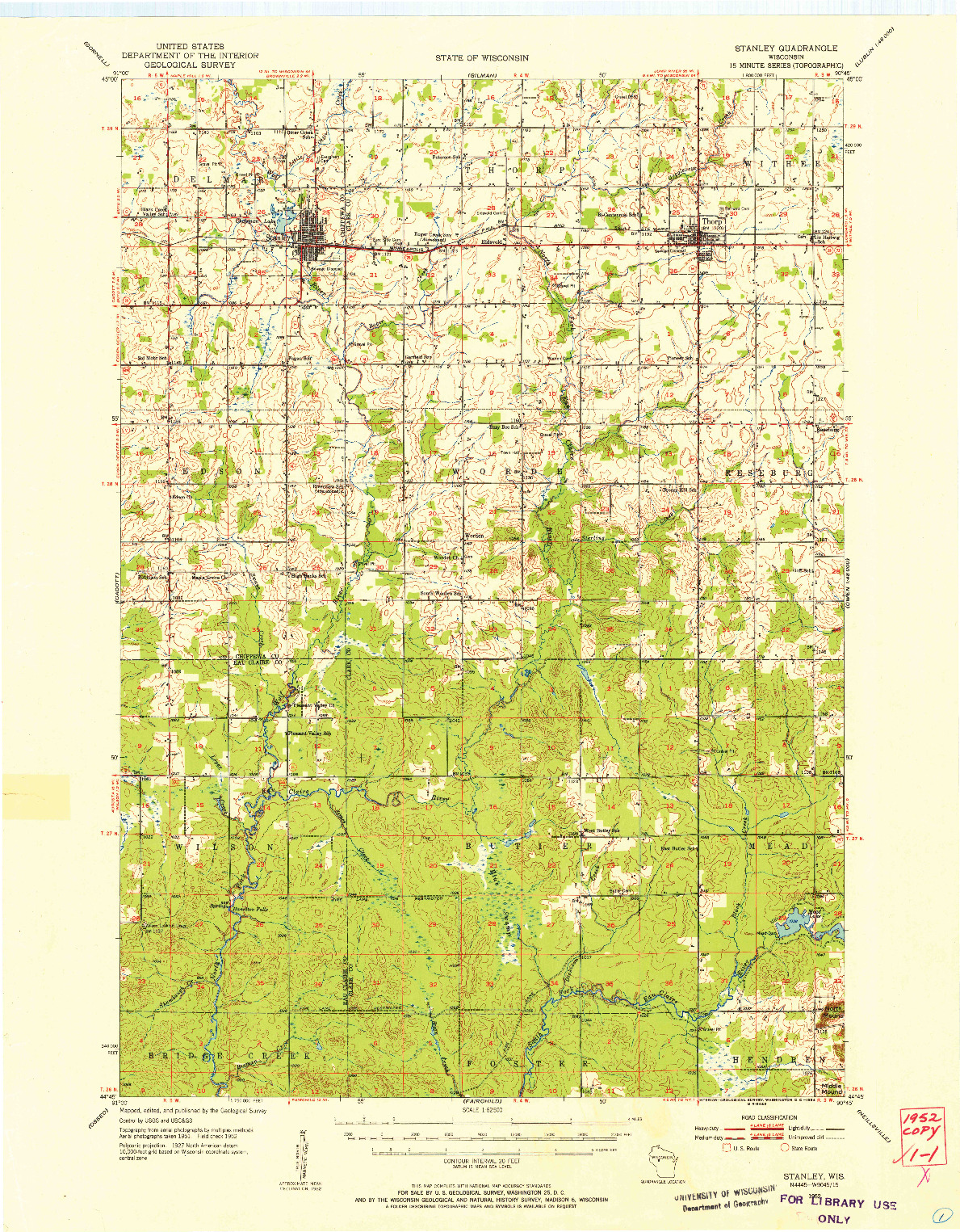 USGS 1:62500-SCALE QUADRANGLE FOR STANLEY, WI 1952