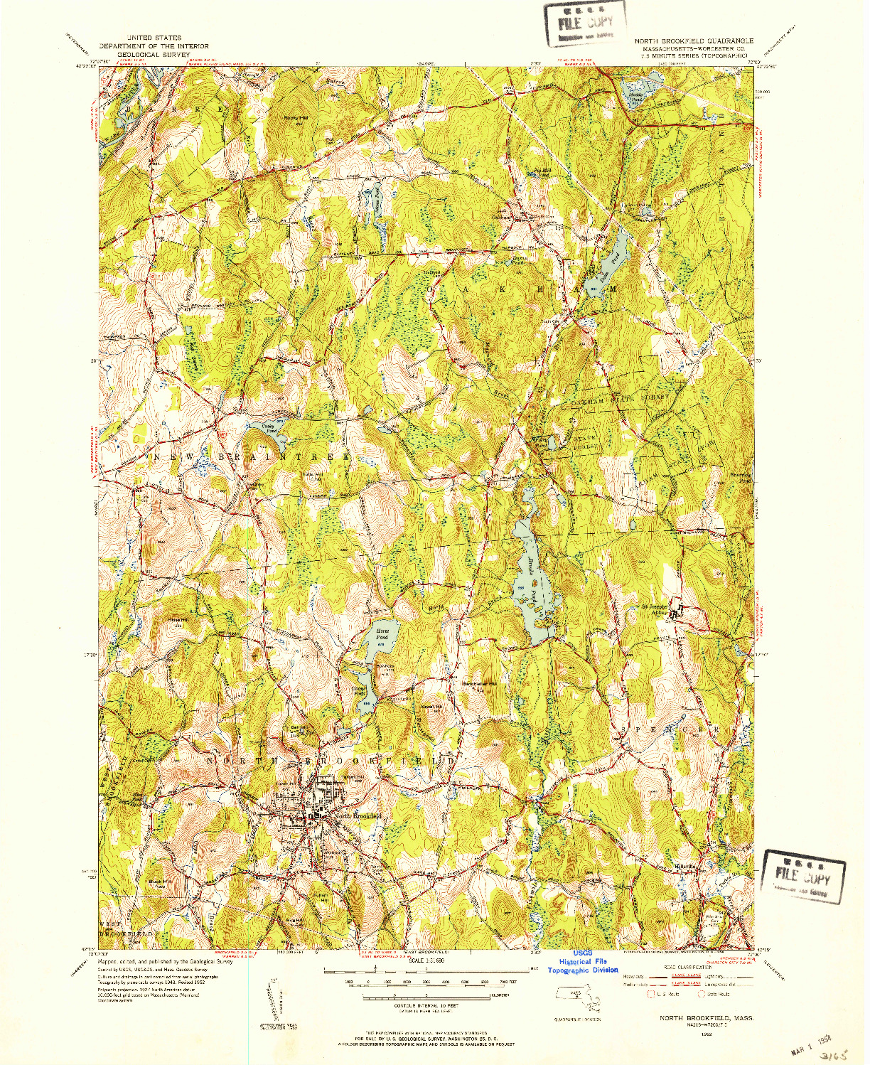 USGS 1:31680-SCALE QUADRANGLE FOR NORTH BROOKFIELD, MA 1952