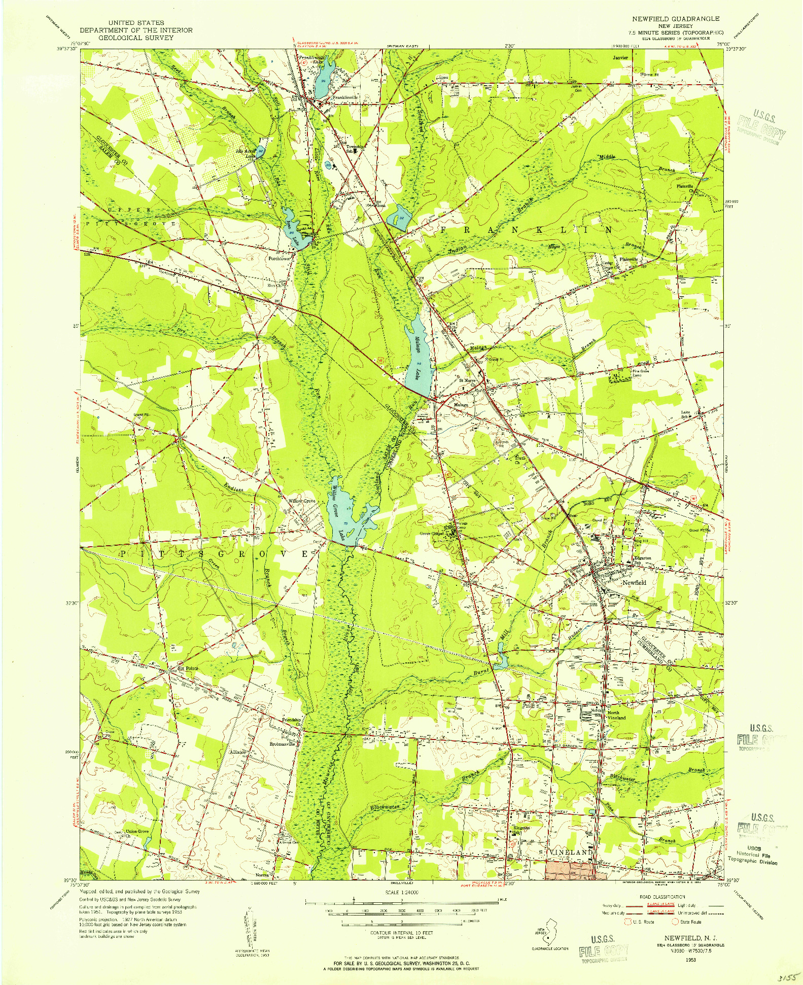 USGS 1:24000-SCALE QUADRANGLE FOR NEWFIELD, NJ 1953