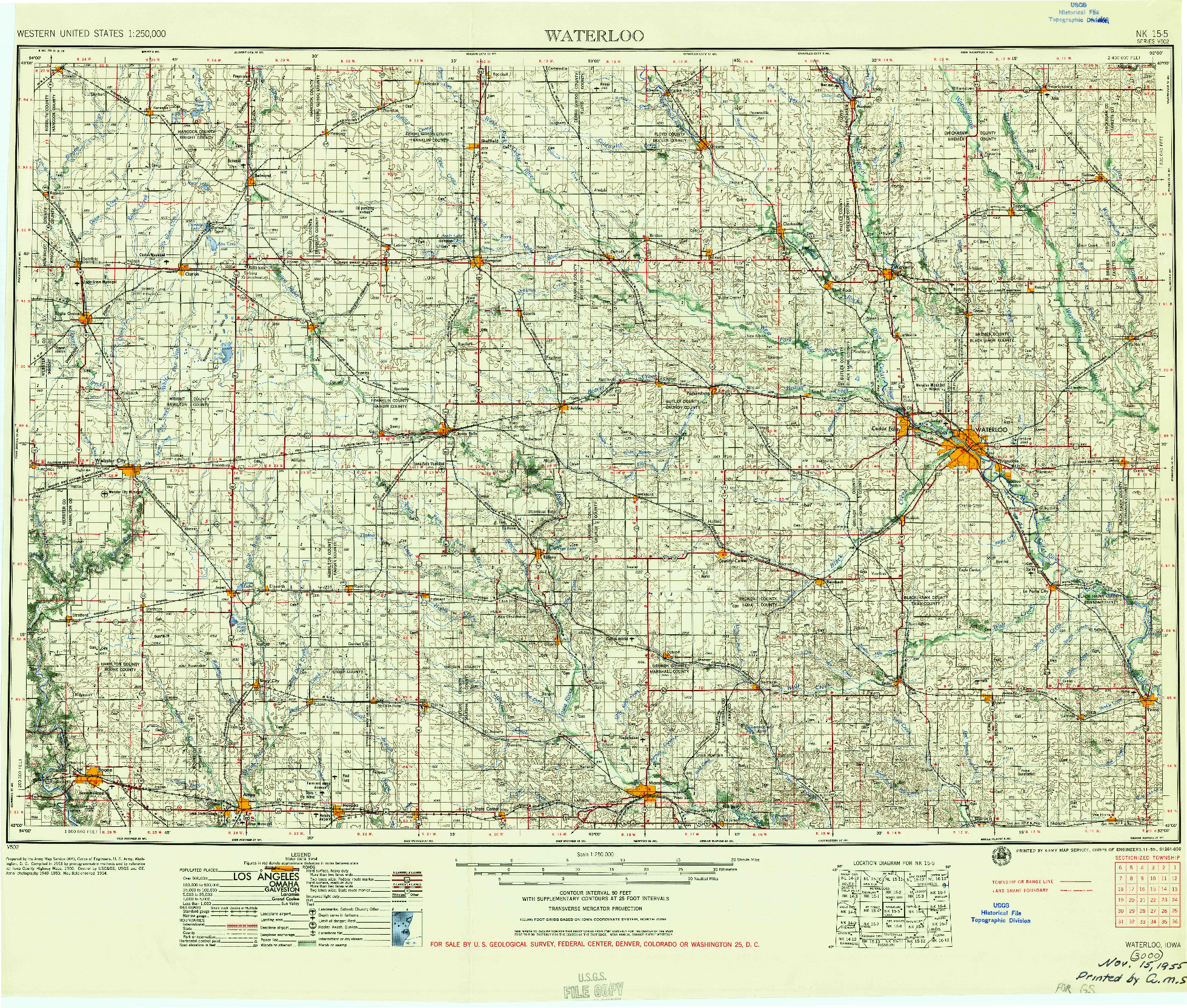 USGS 1:250000-SCALE QUADRANGLE FOR WATERLOO, IA 1955