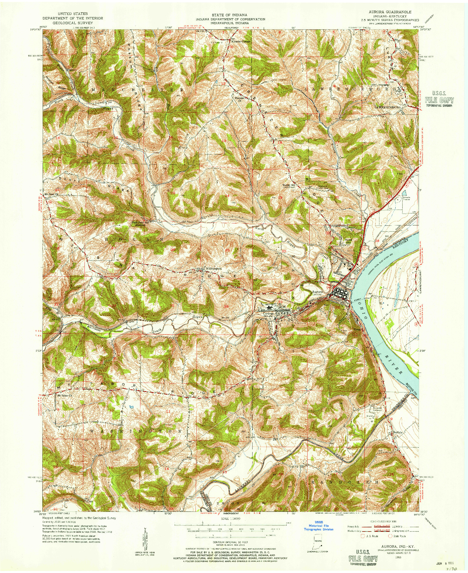 USGS 1:24000-SCALE QUADRANGLE FOR AURORA, IN 1953