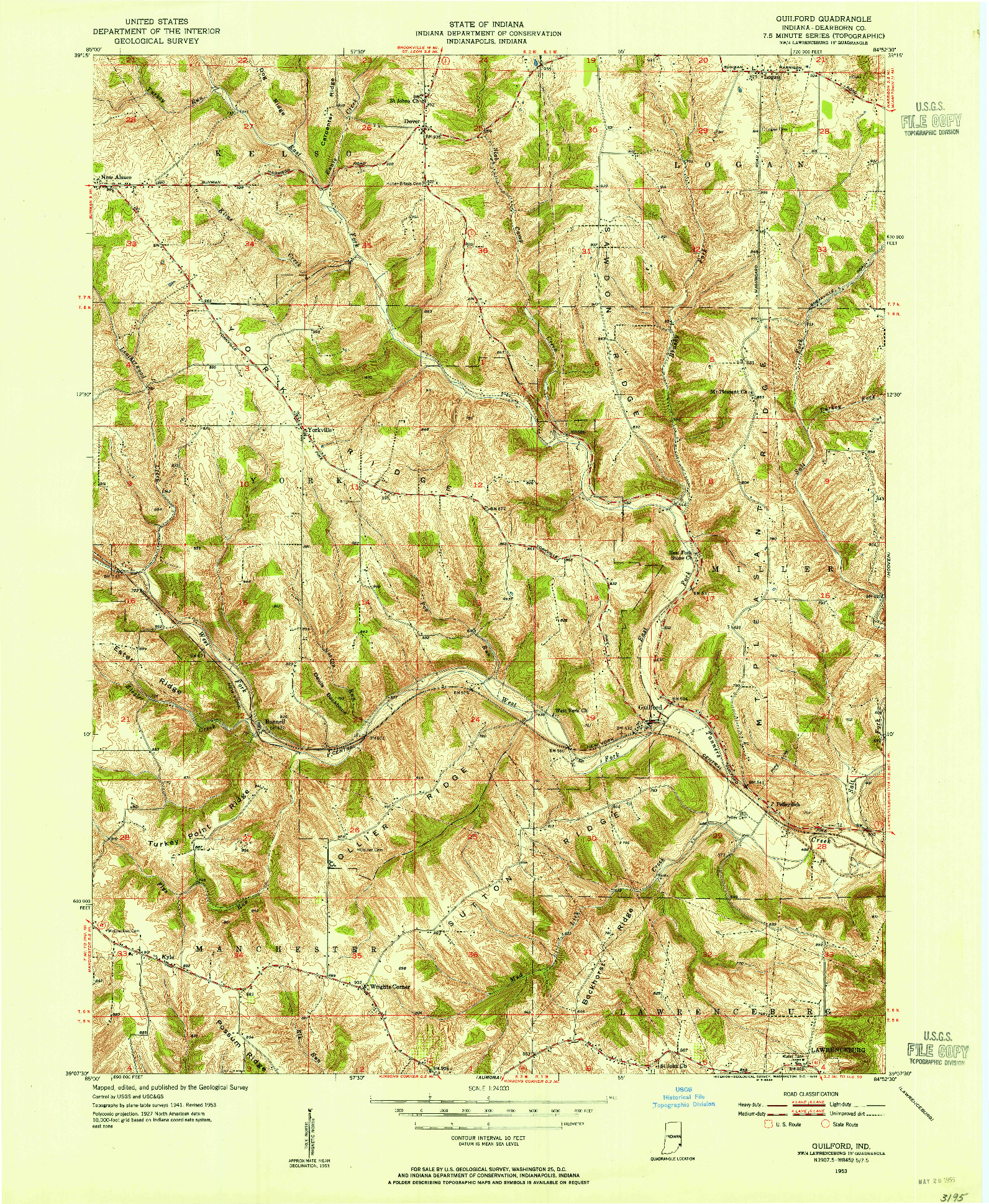 USGS 1:24000-SCALE QUADRANGLE FOR GUILFORD, IN 1953