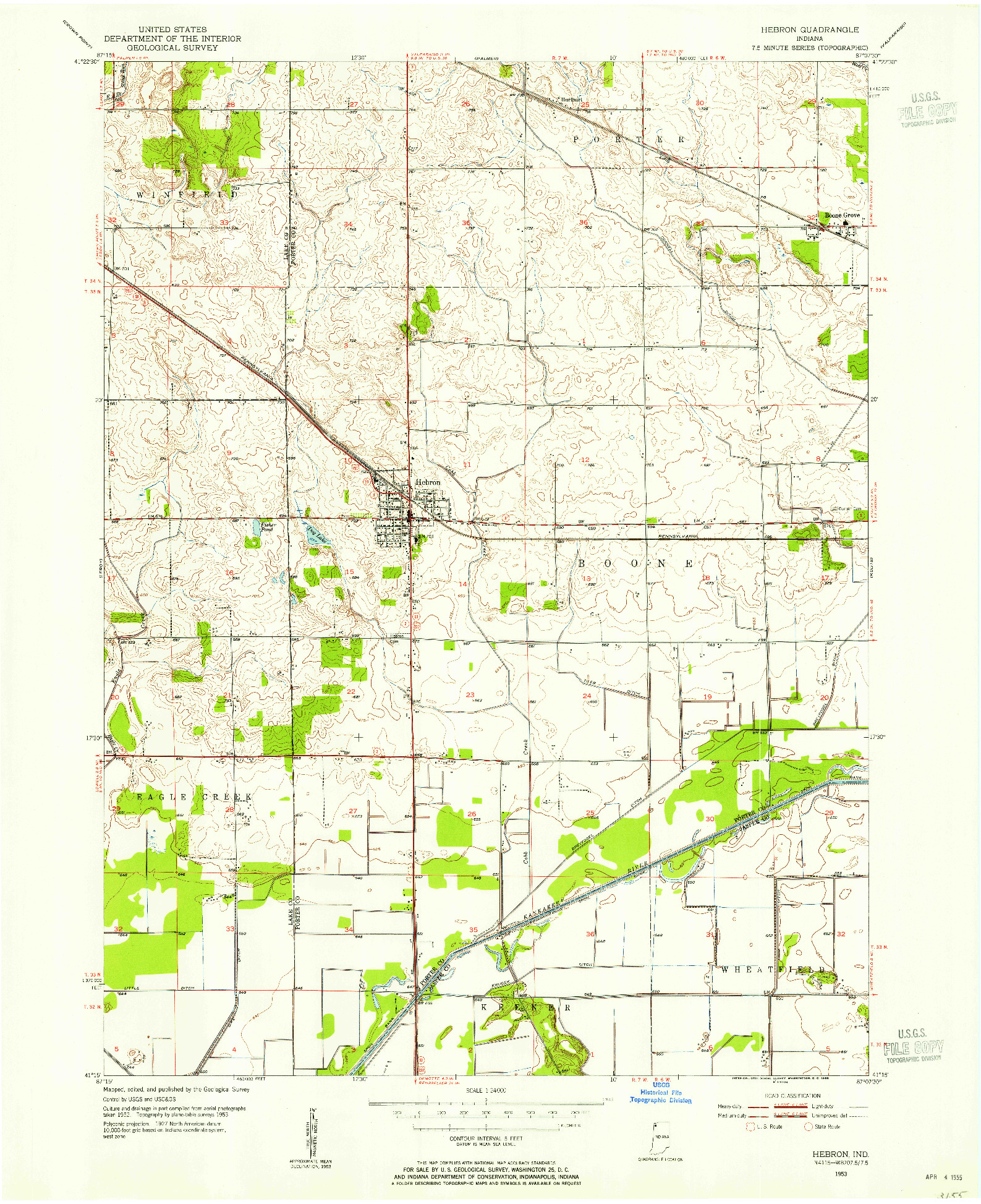 USGS 1:24000-SCALE QUADRANGLE FOR HEBRON, IN 1953