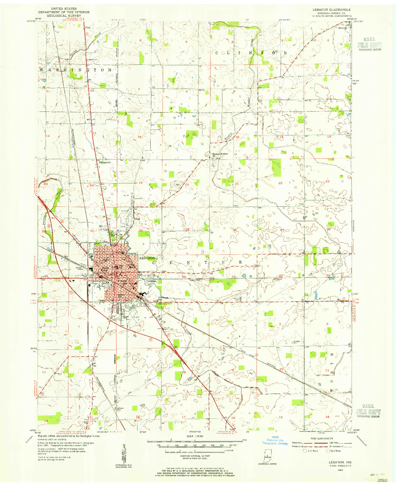 USGS 1:24000-SCALE QUADRANGLE FOR LEBANON, IN 1953