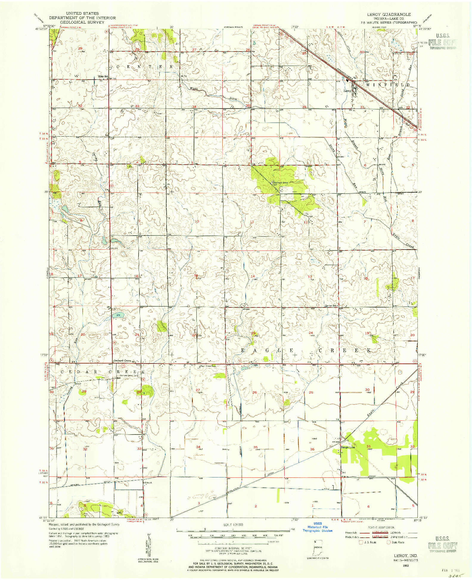 USGS 1:24000-SCALE QUADRANGLE FOR LEROY, IN 1953