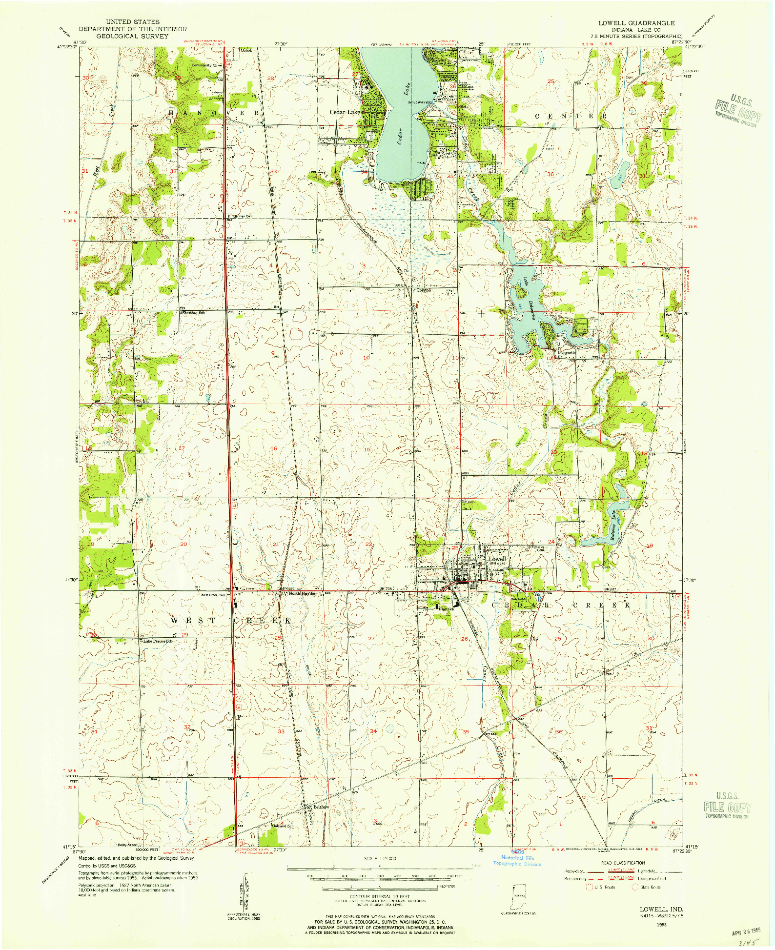 USGS 1:24000-SCALE QUADRANGLE FOR LOWELL, IN 1953