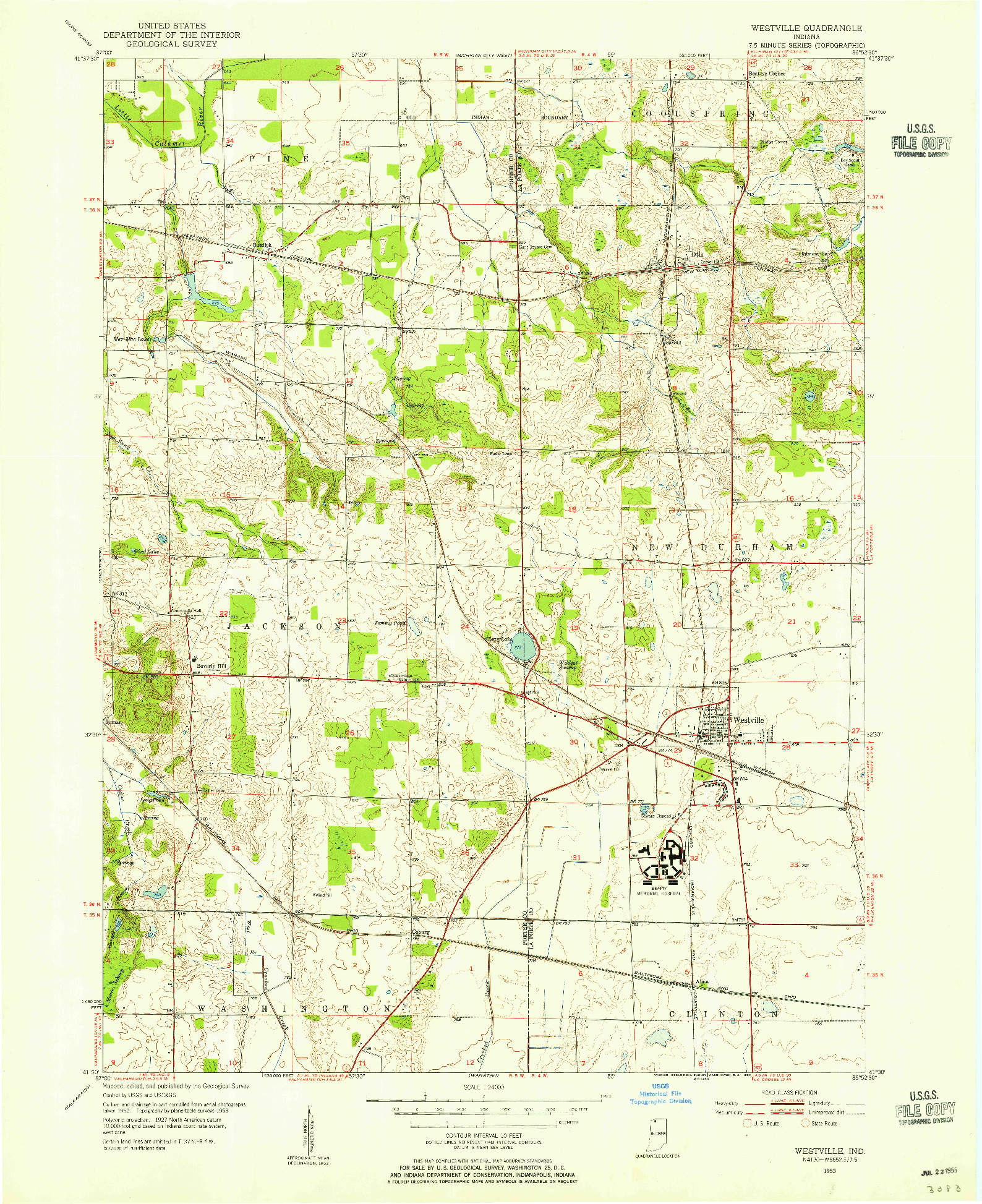 USGS 1:24000-SCALE QUADRANGLE FOR WESTVILLE, IN 1953